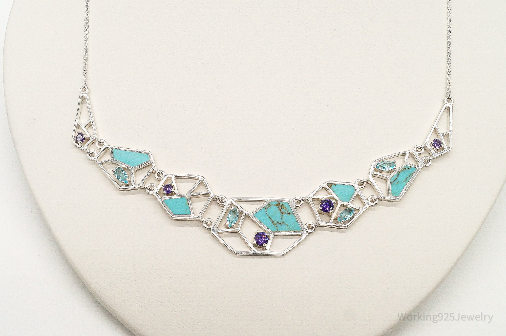 Amethyst Blue Topaz Turquoise Modernist Sterling Silver Necklace