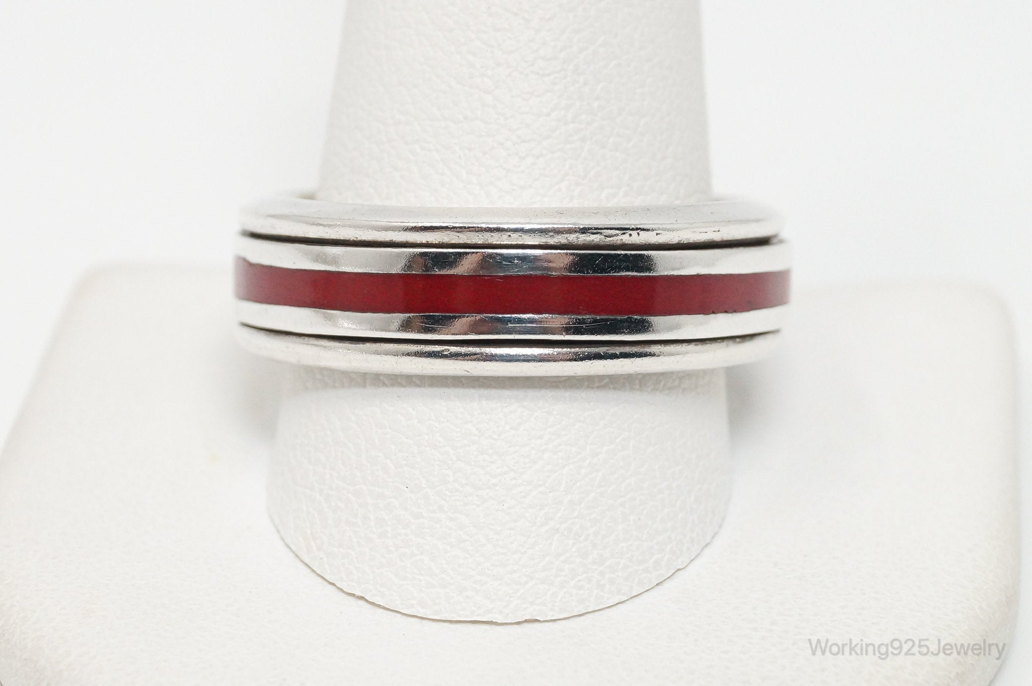 Vintage Red Enamel Modern Sterling Silver Band Spinner Ring - Sz 13.5