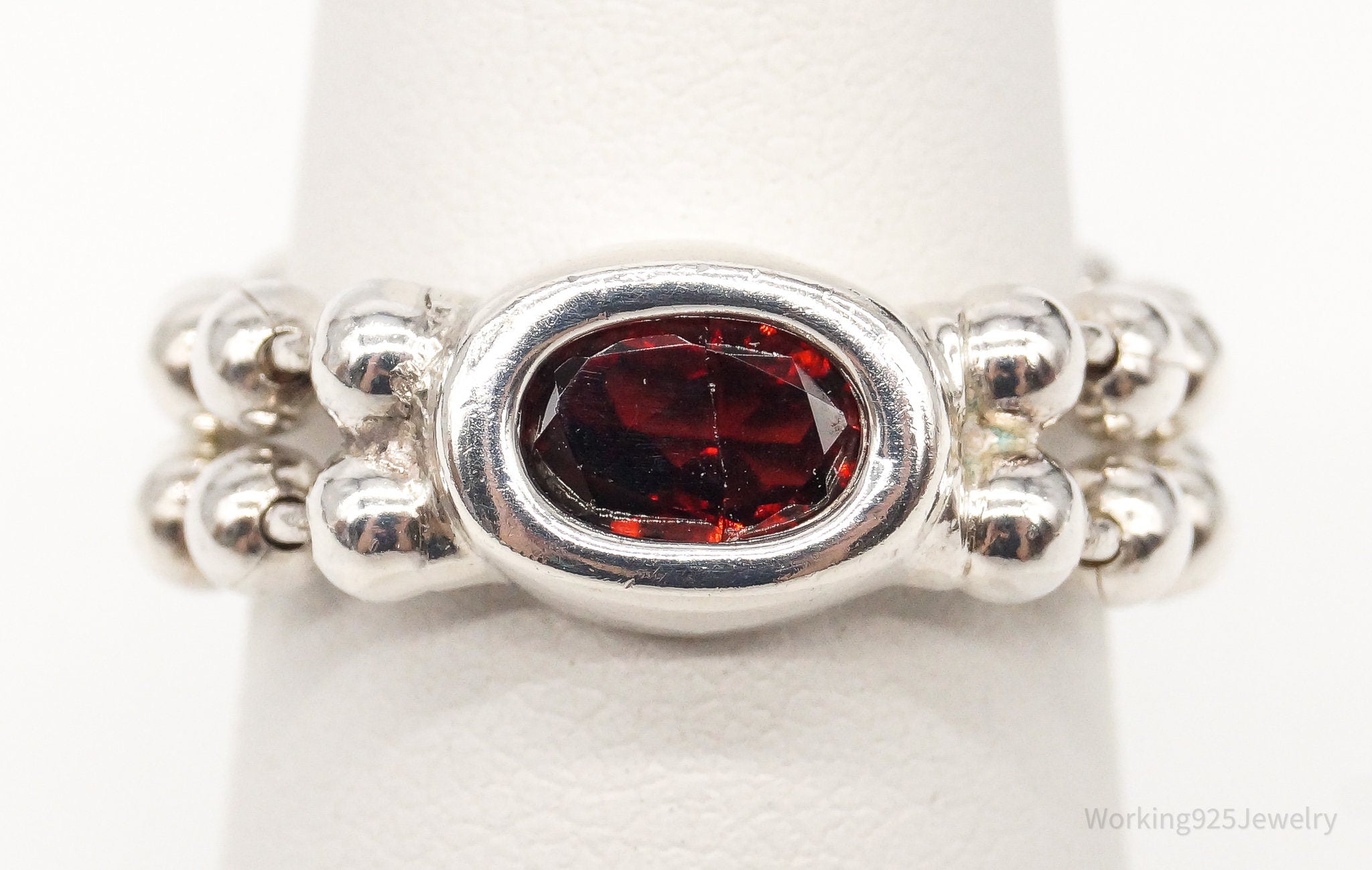 Vintage Garnet Sterling Silver Chain Ring - Size 6.5