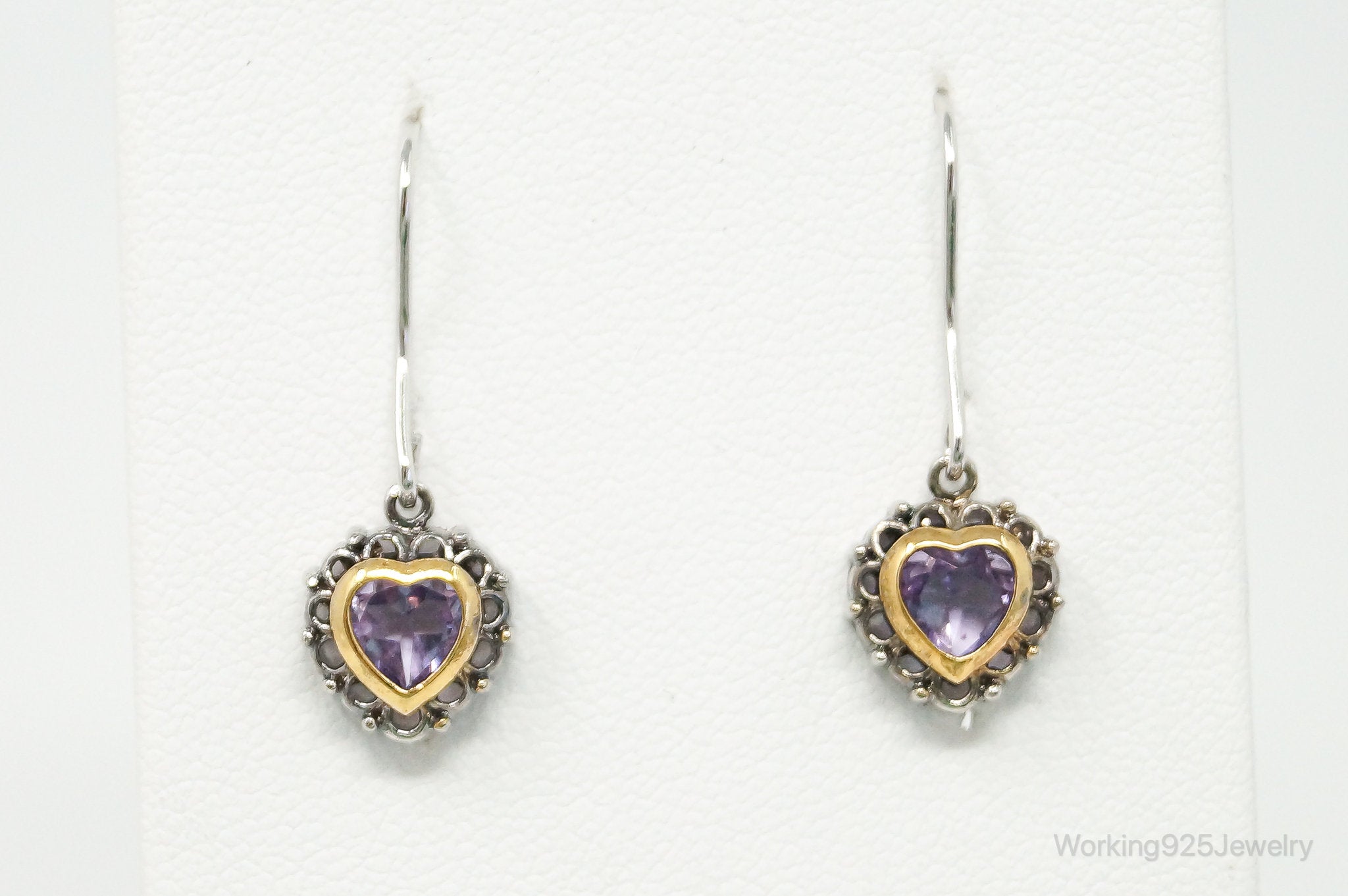 Designer FAS Gold Vermeil Amethyst Hearts Sterling Silver Earrings