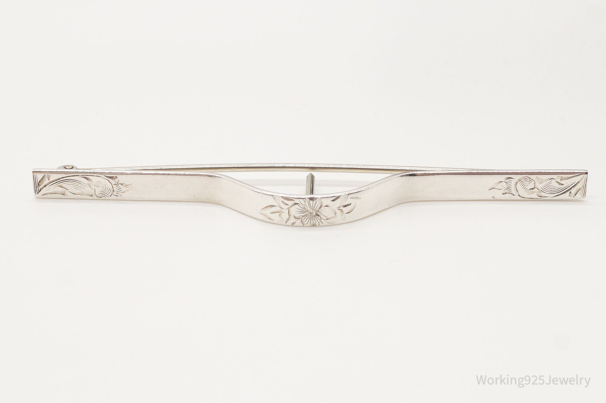 Antique Sterling Silver Floral Etched Scarf Pin