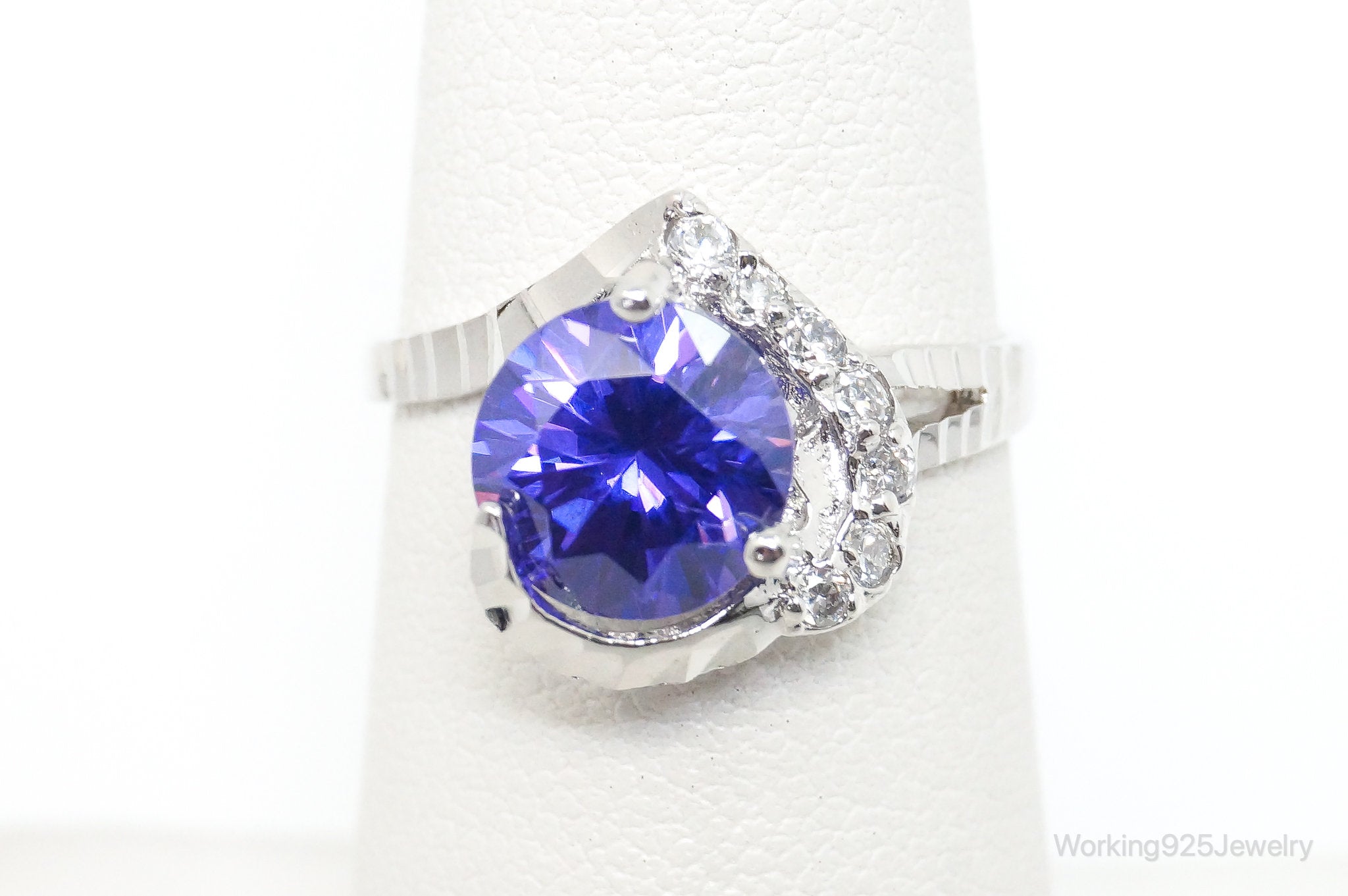 Vintage Blue Purple Cubic Zirconia Sterling Silver Ring - Sz 5.5