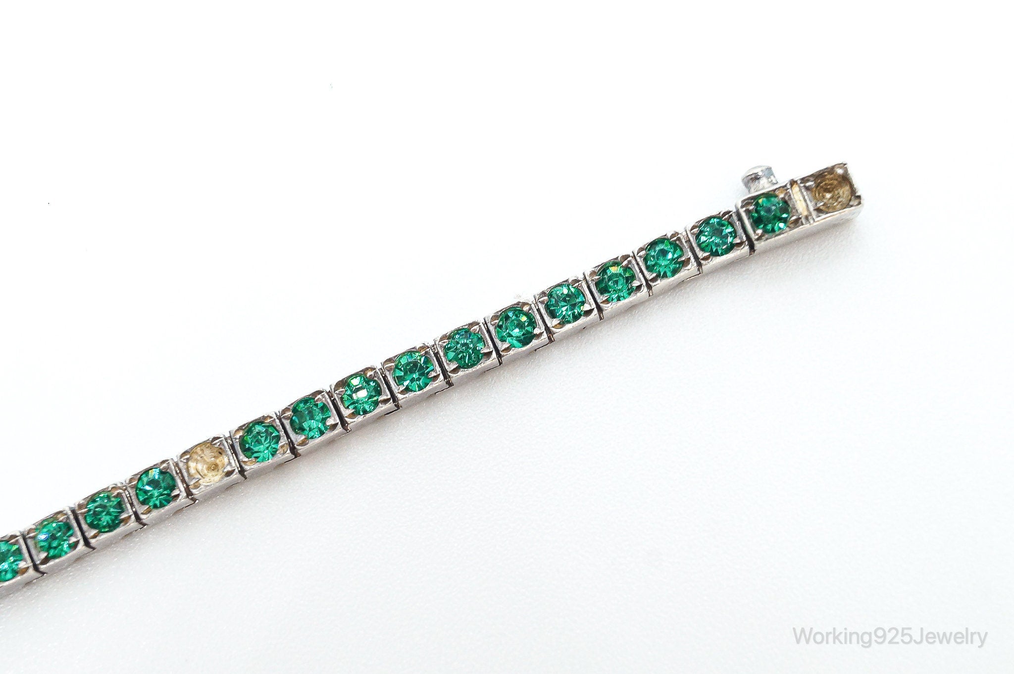 Antique Art Deco Green Rhinestone Sterling Silver Bracelet