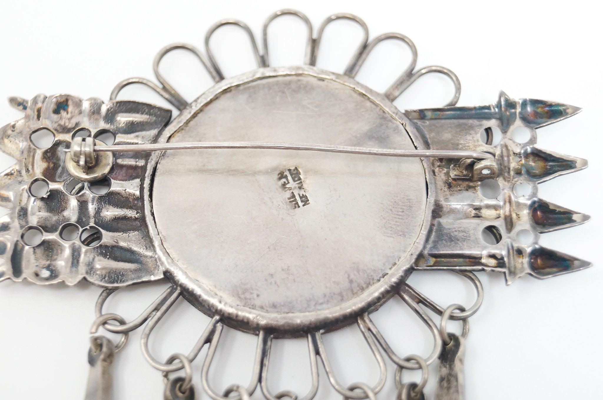 Large Vintage Mexico Handmade Aztec Dangle Silver Brooch Pin