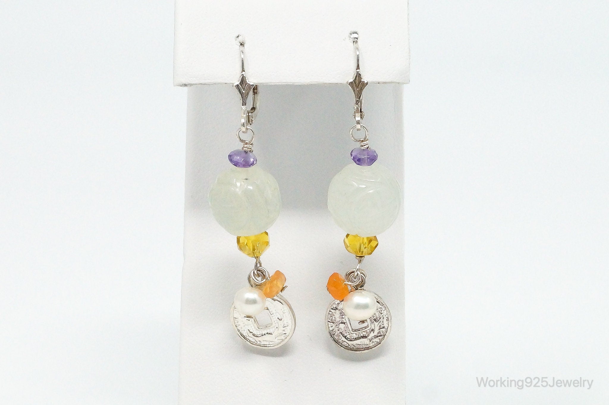 Vintage Jade Amethyst Citrine Pearl Chinese Coin Style Sterling Silver Earrings