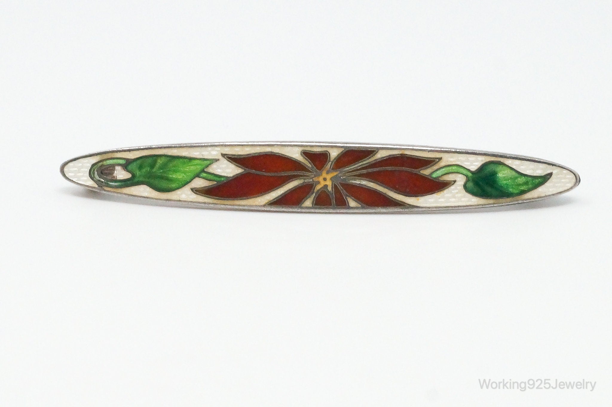 Antique Red Flower & Vine Enamel Scarf Sterling Silver Brooch Pin