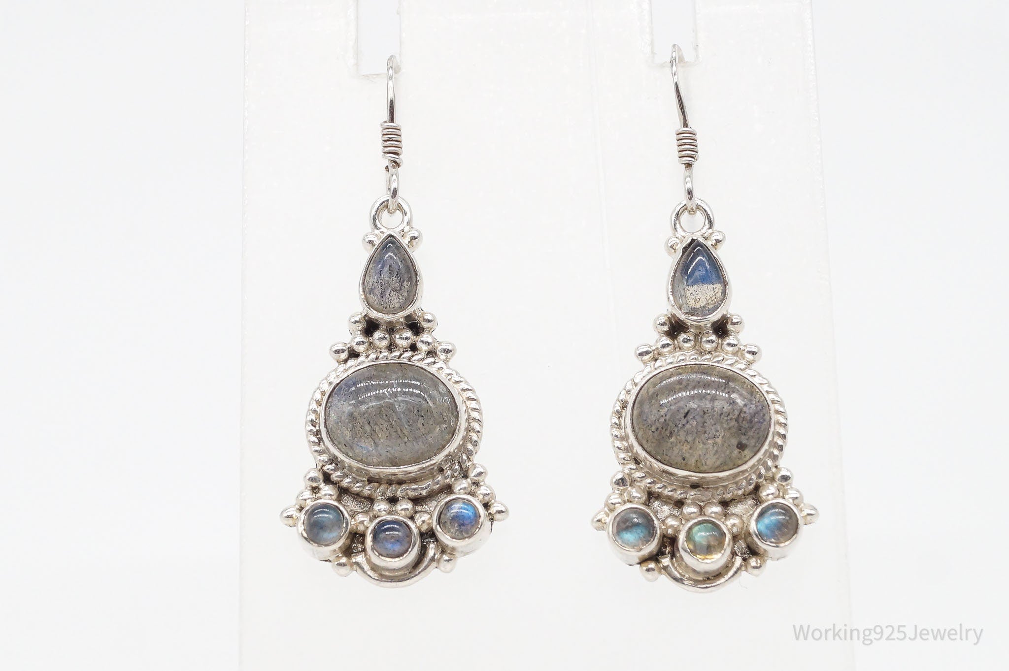 Vintage Labradorite Bali Inspired Filigree Sterling Silver Earrings