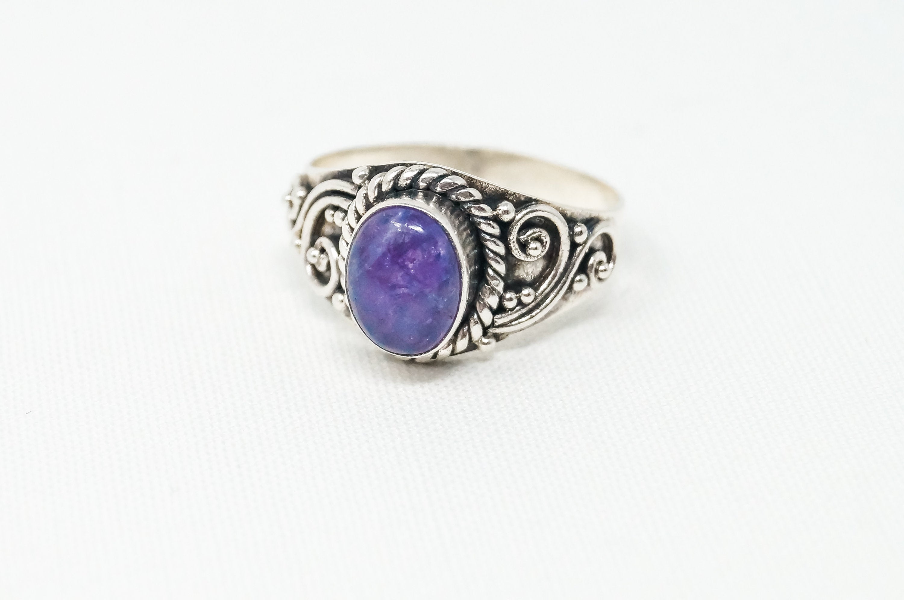 Vintage Amethyst Scroll Sterling Silver Ring - Sz 9 - 798926713