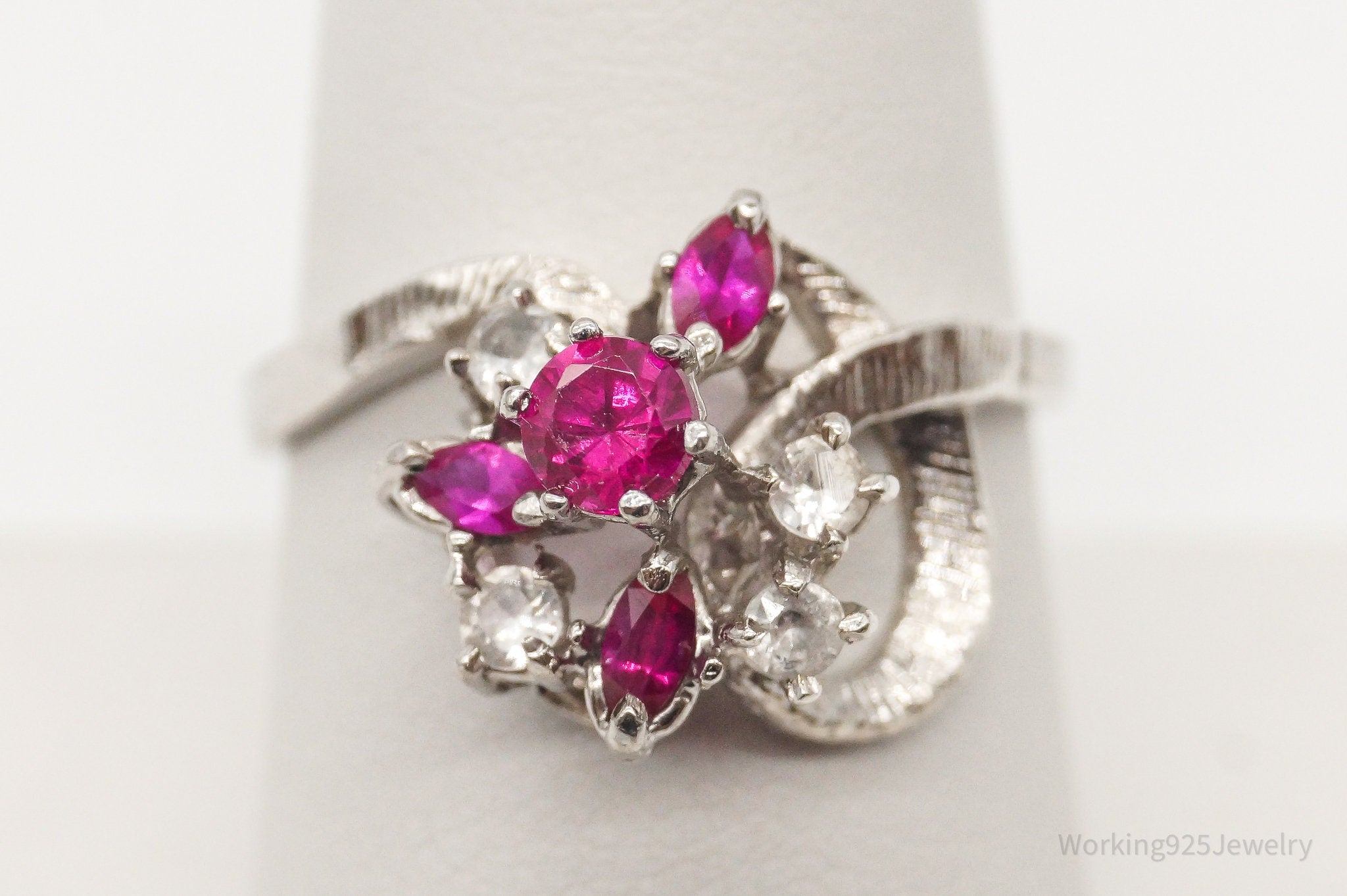 Vintage 1940s Ruby Cubic Zirconia Sterling Silver Ring - Size 8.25