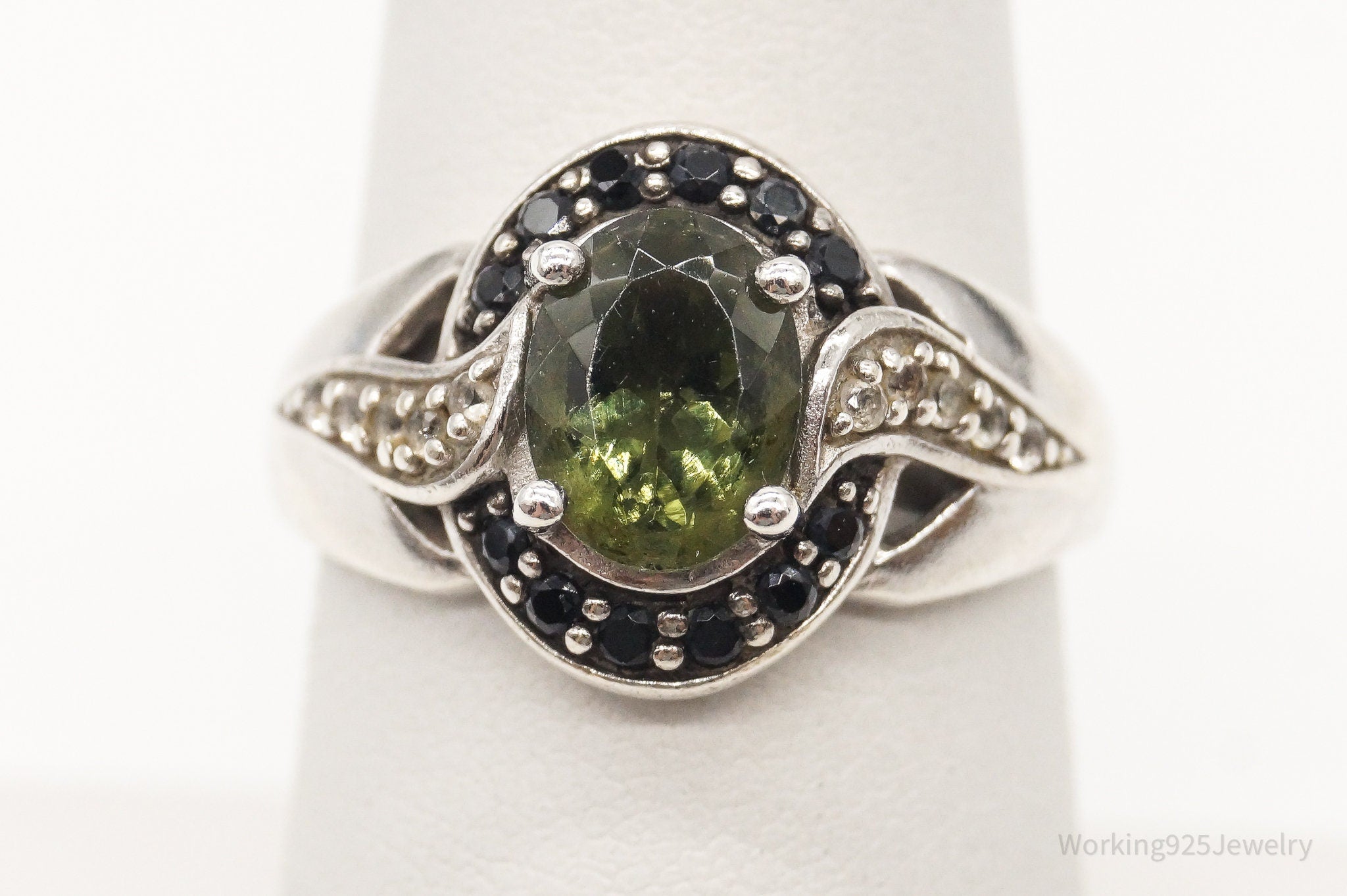 Vintage Designer LB Peridot Black Spinel CZ Sterling Silver Ring - Size 7