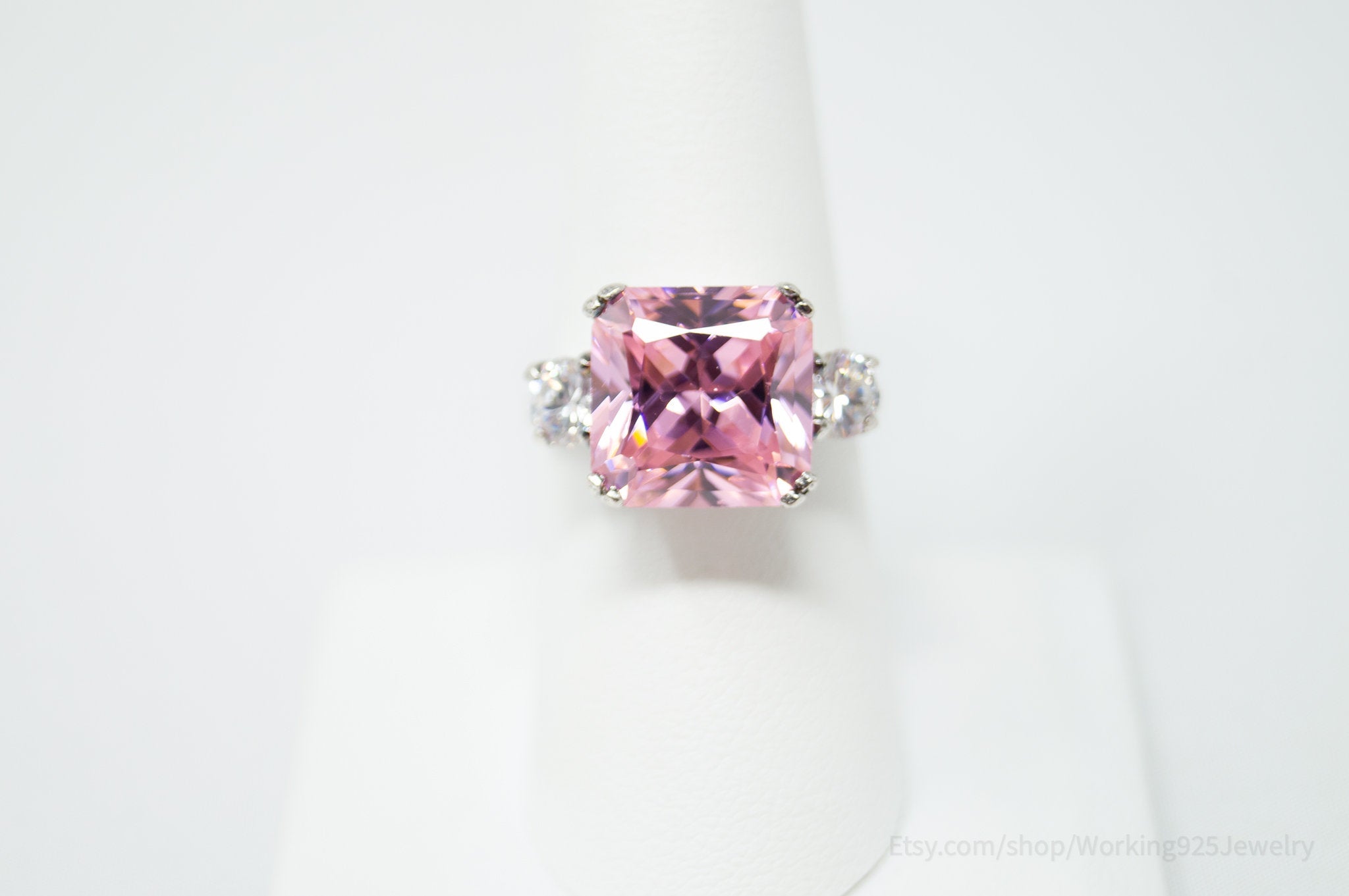 Vintage Art Deco Style Pink Topaz CZ Statement Ring Sterling Silver - Size 7.5