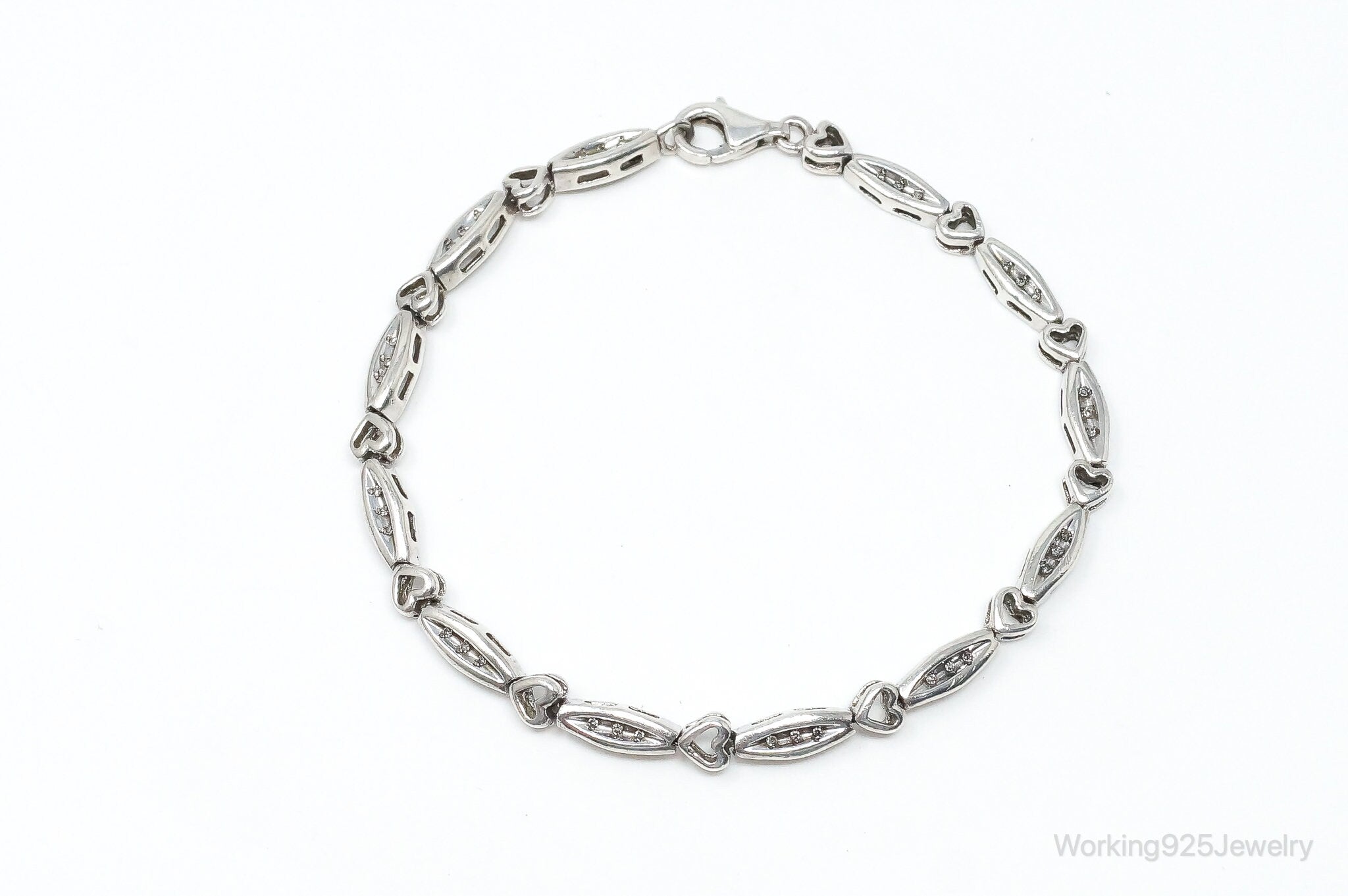 Vintage Diamonds Linked Hearts Sterling Silver Bracelet