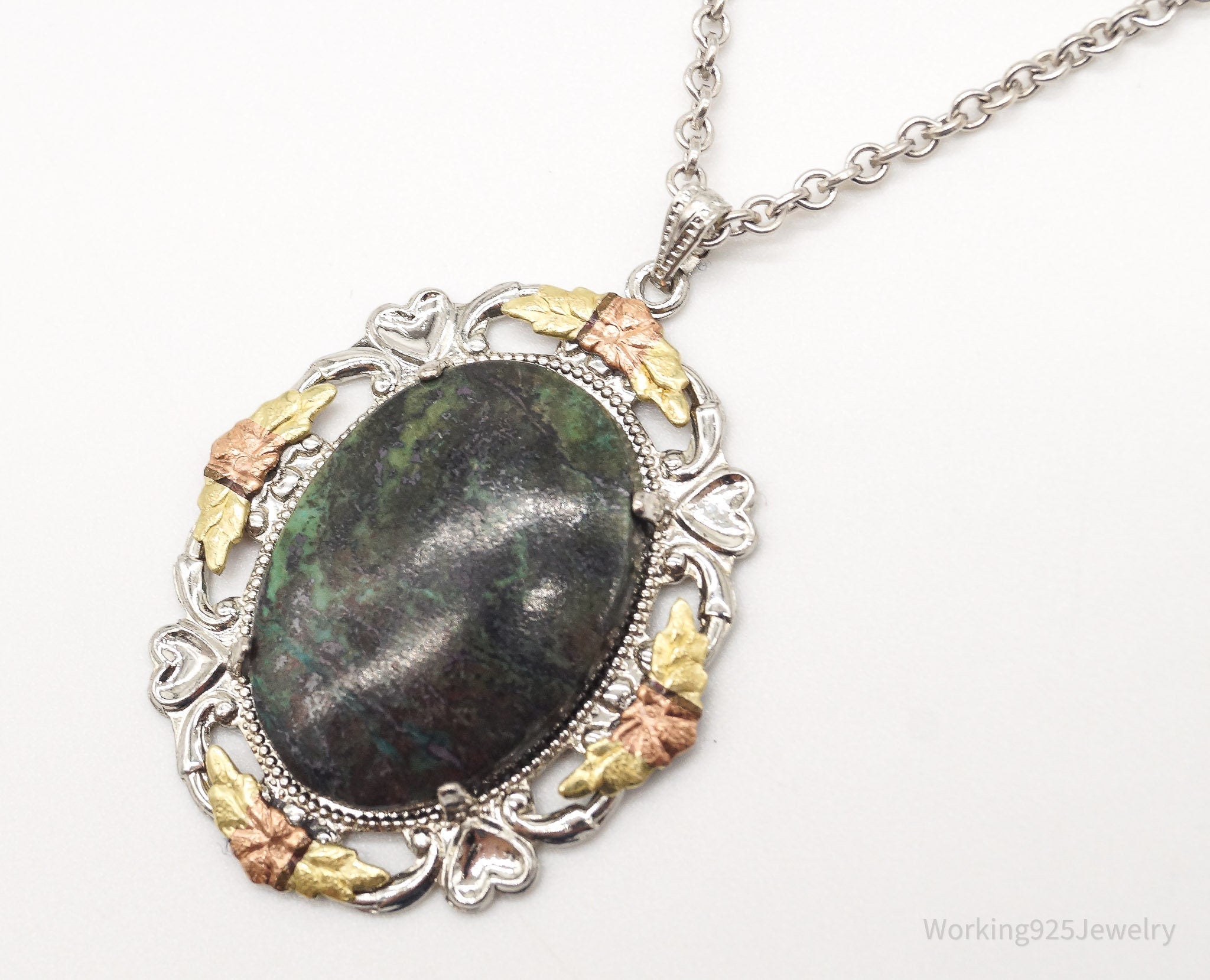 Vintage Green Stone 12K Gold Leaves Sterling Silver Necklace