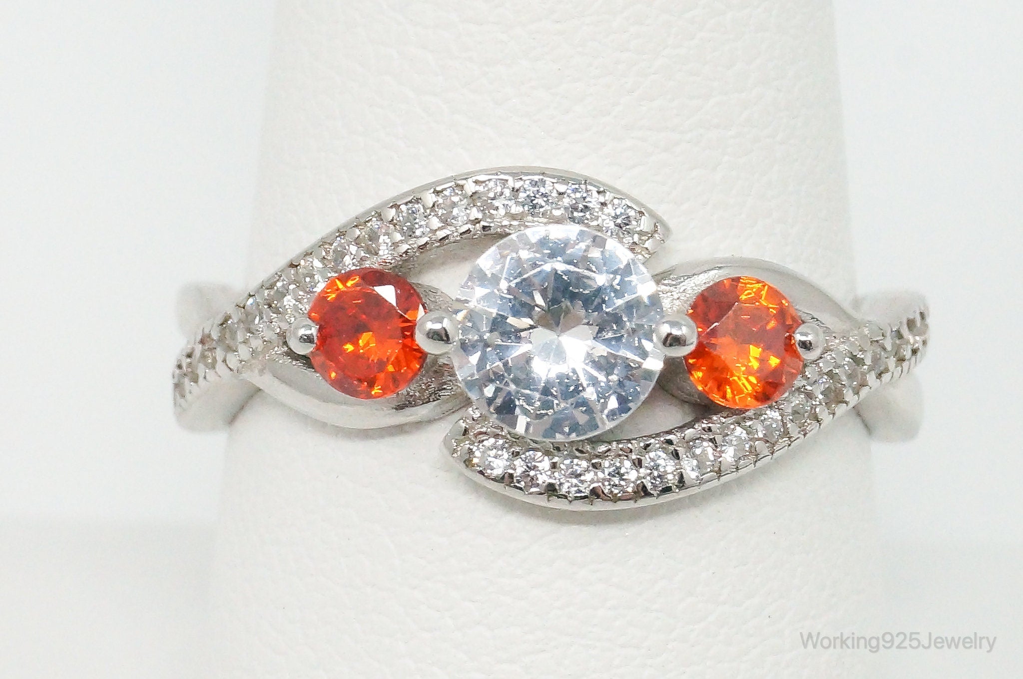 Orange & White Cubic Zirconia Sterling Silver Ring - Size 8.75