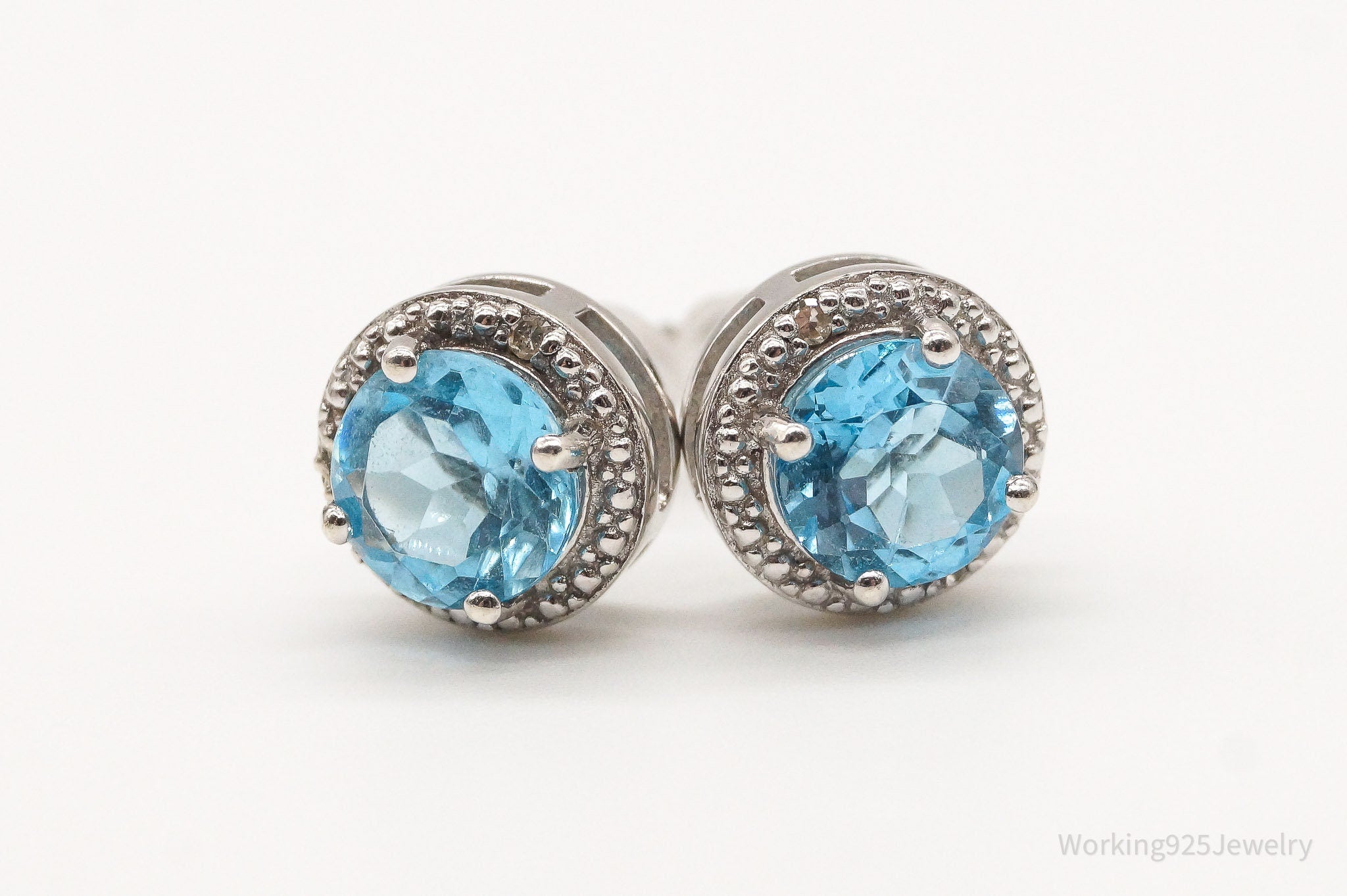 Vintage Blue Topaz 4 Diamond Sterling Silver Earrings