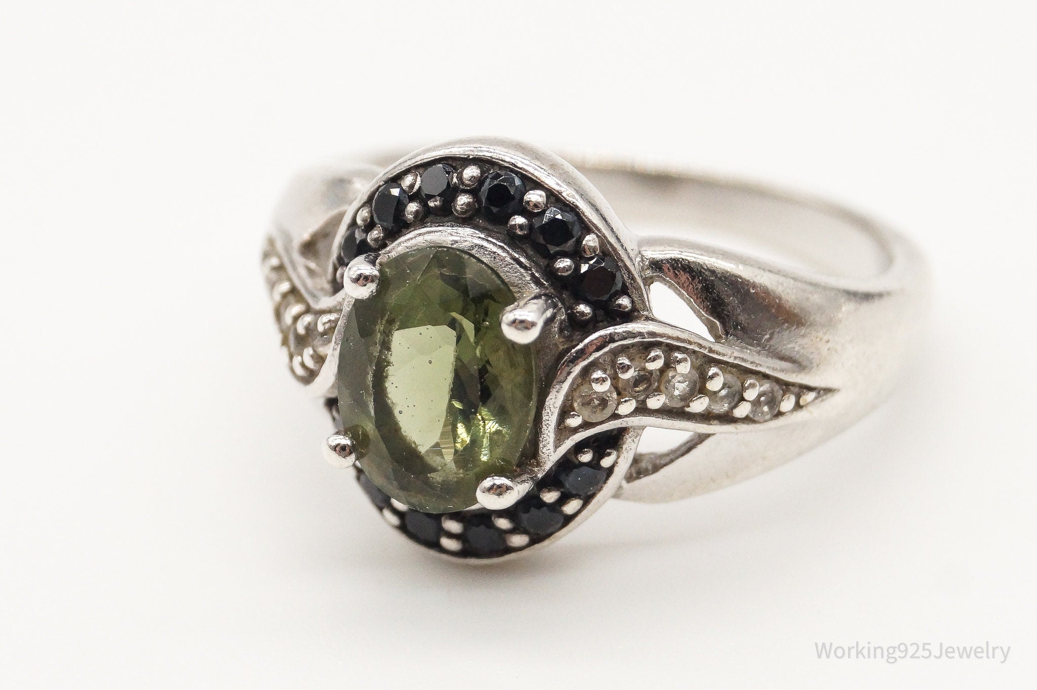 Vintage Designer LB Peridot Black Spinel CZ Sterling Silver Ring - Size 7