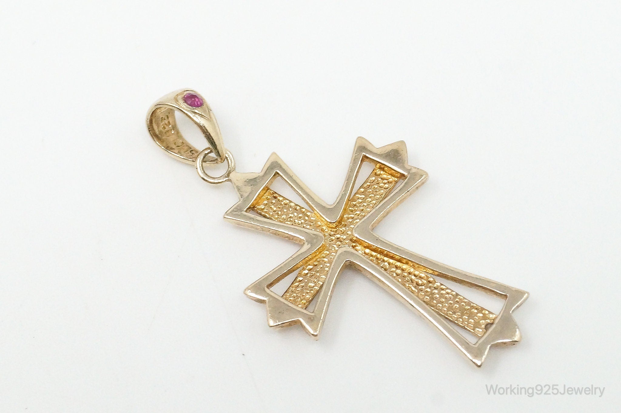 Vintage Designer SLC Ruby Rhinestone Gold Vermeil Cross Sterling Silver Pendant