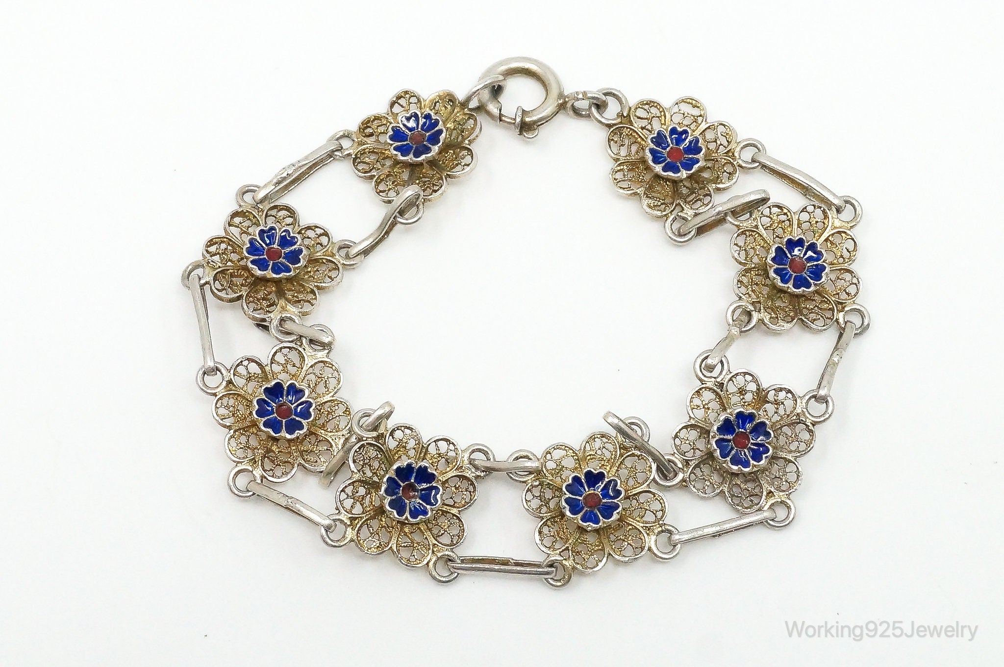 Antique Enamel Flowers 835 Silver Filigree Bracelet