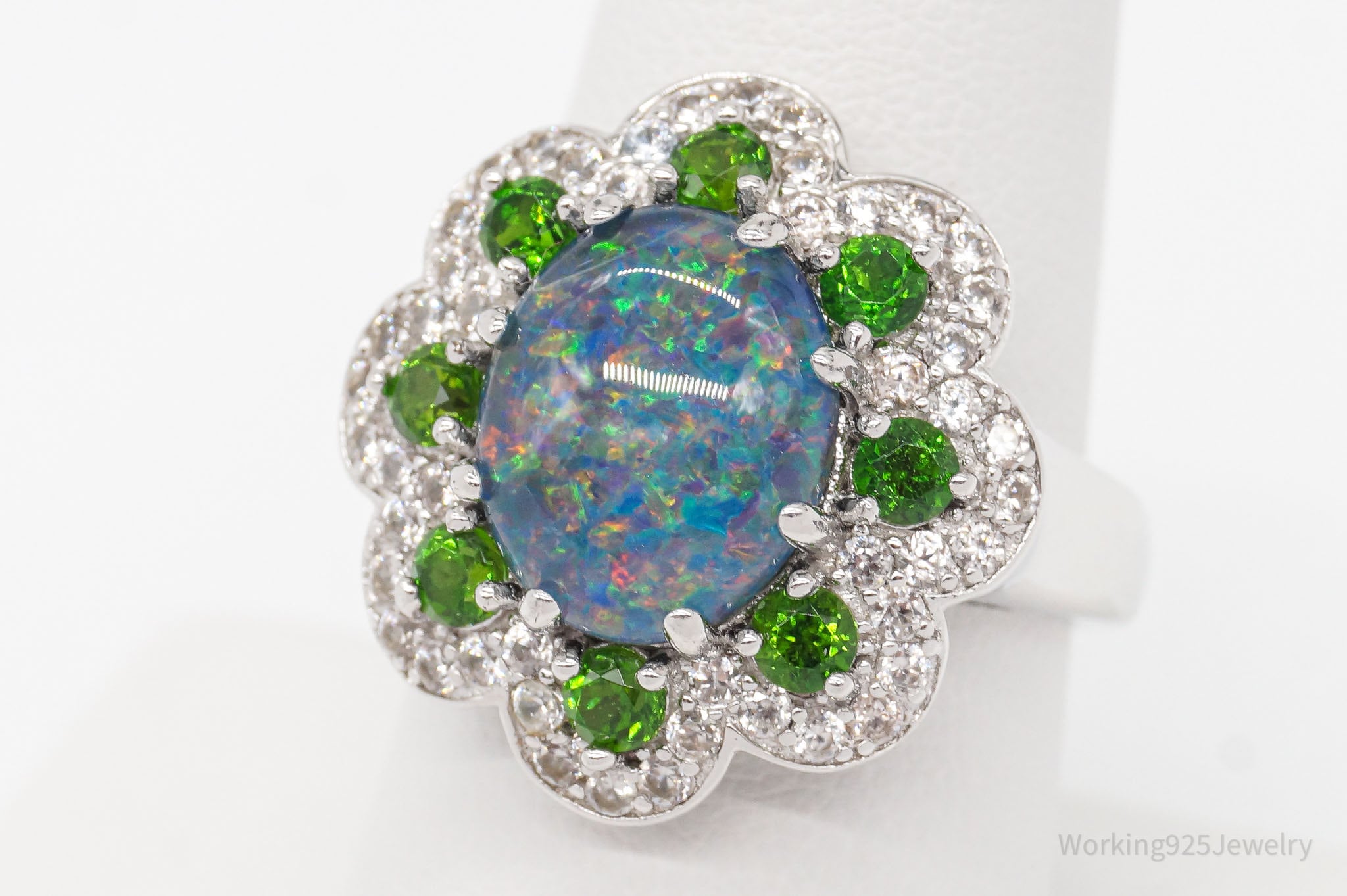 Designer Opal Emerald White Zircon Rhodium Over Sterling Silver Ring SZ 8.5