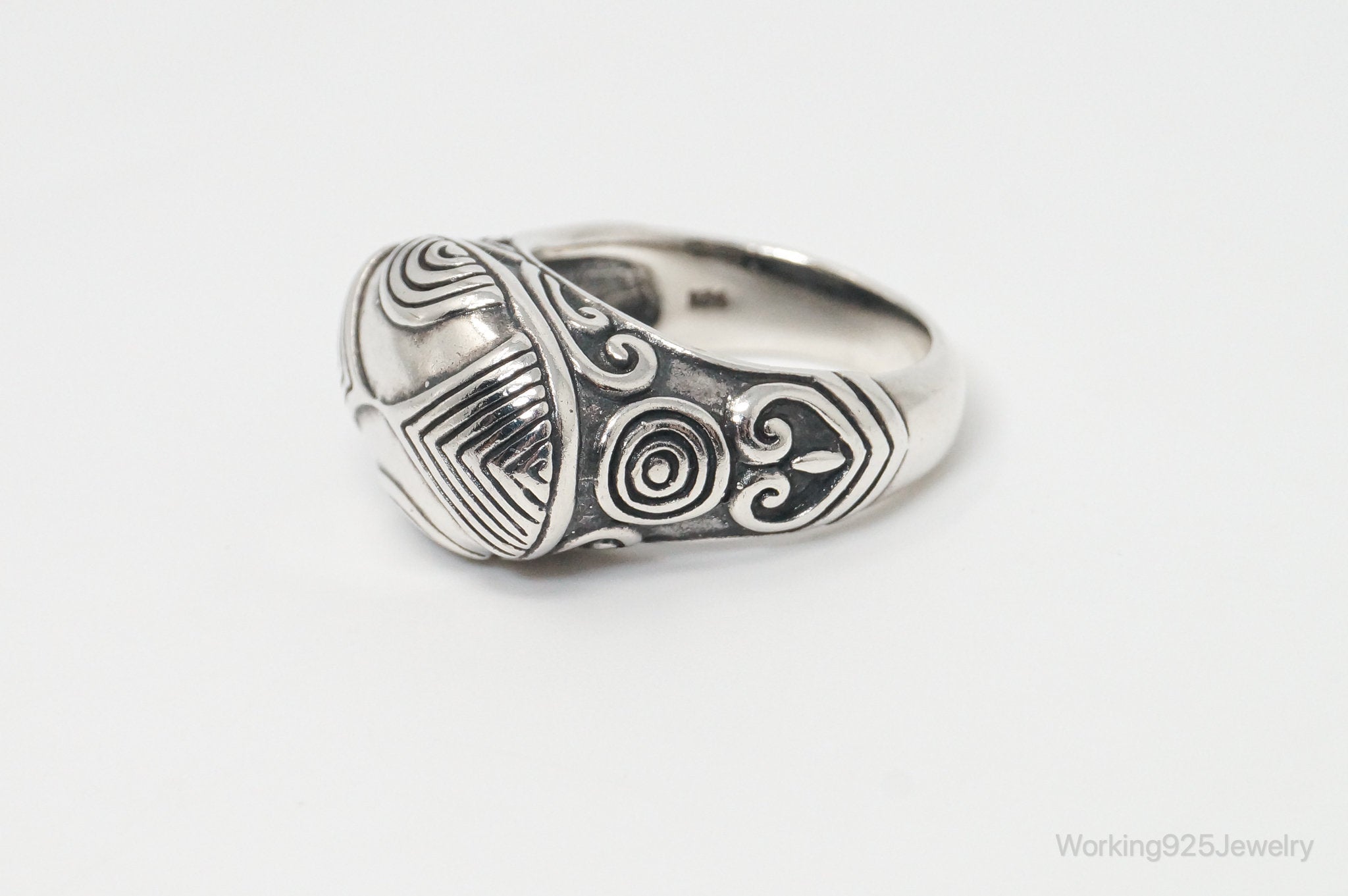 Vintage Bali Style Scroll Heart Swirls Sterling Silver Ring - Size 8