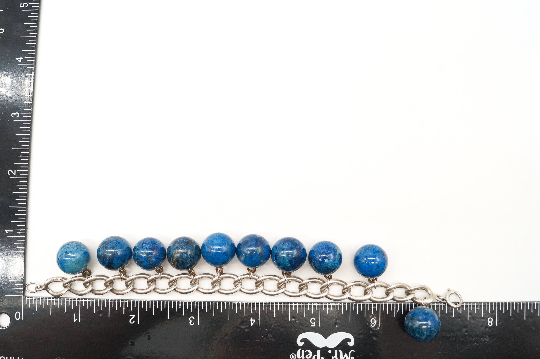 Antique Blue Stone Dangle Balls Sterling Silver Chain Bracelet