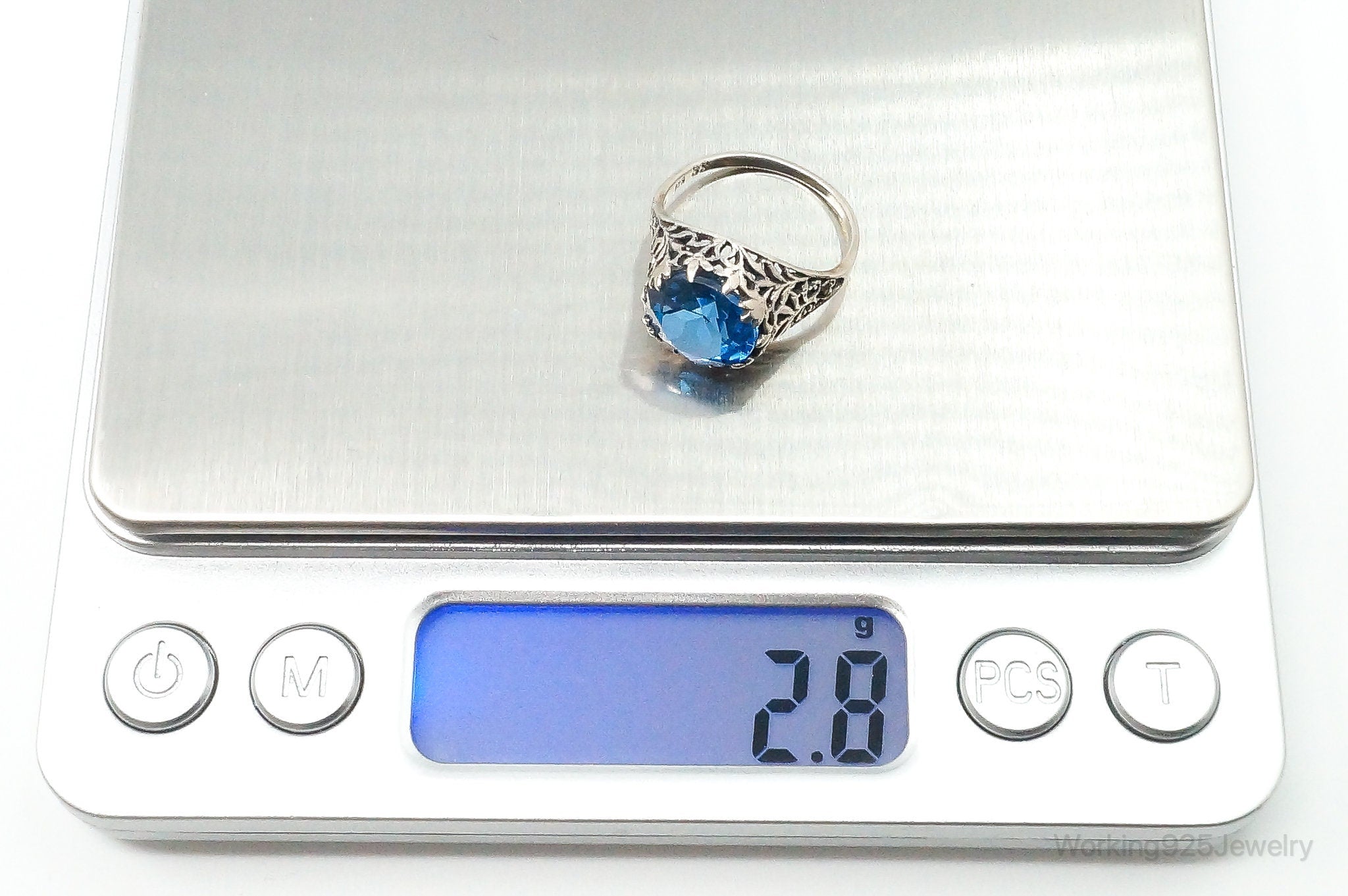 Antique Bright Blue Glass Round Solitaire Sterling Silver Ring Size 5.75