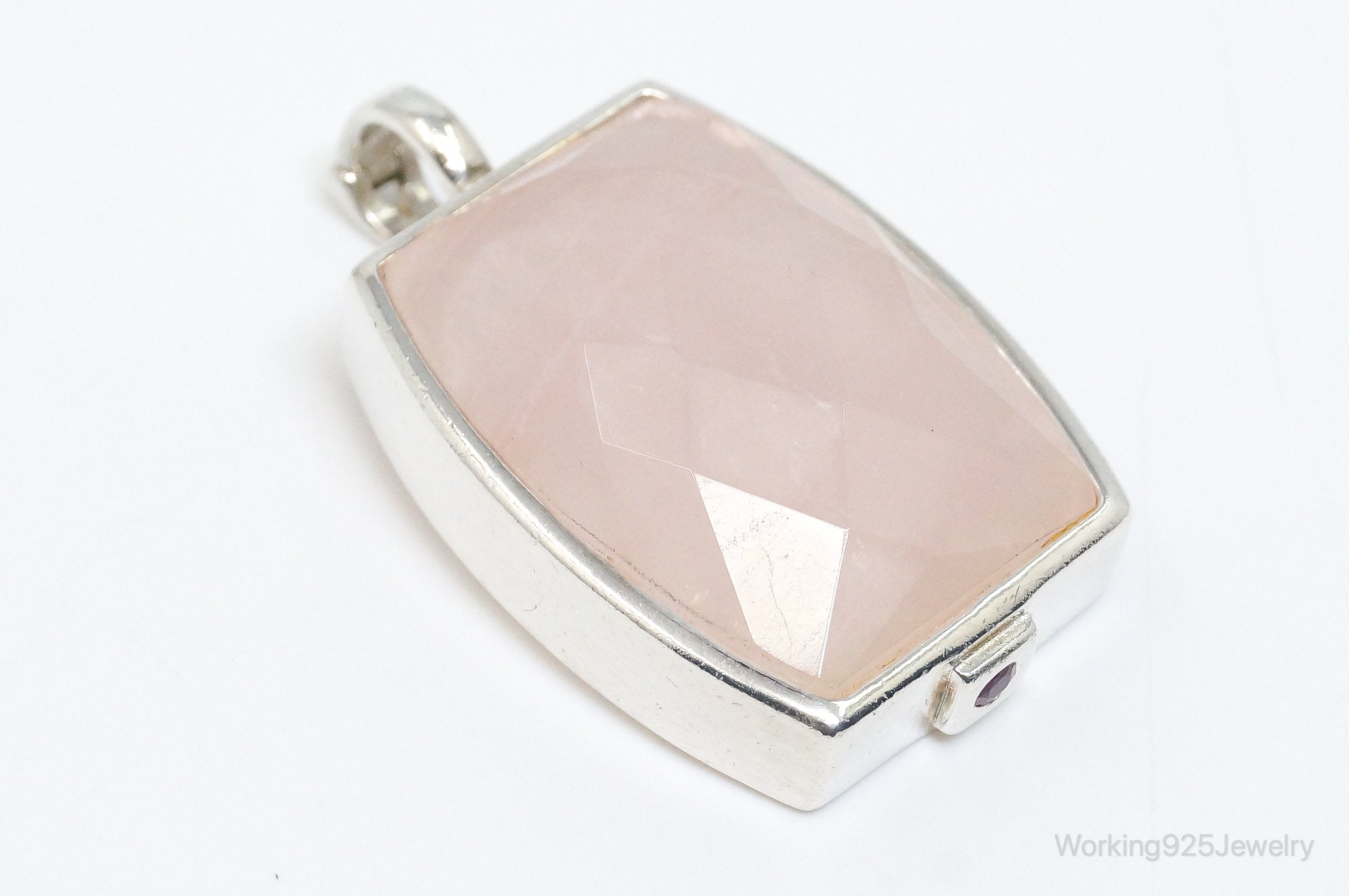 Large Designer ELLE Rose Quartz Ruby Sterling Silver Necklace Pendant