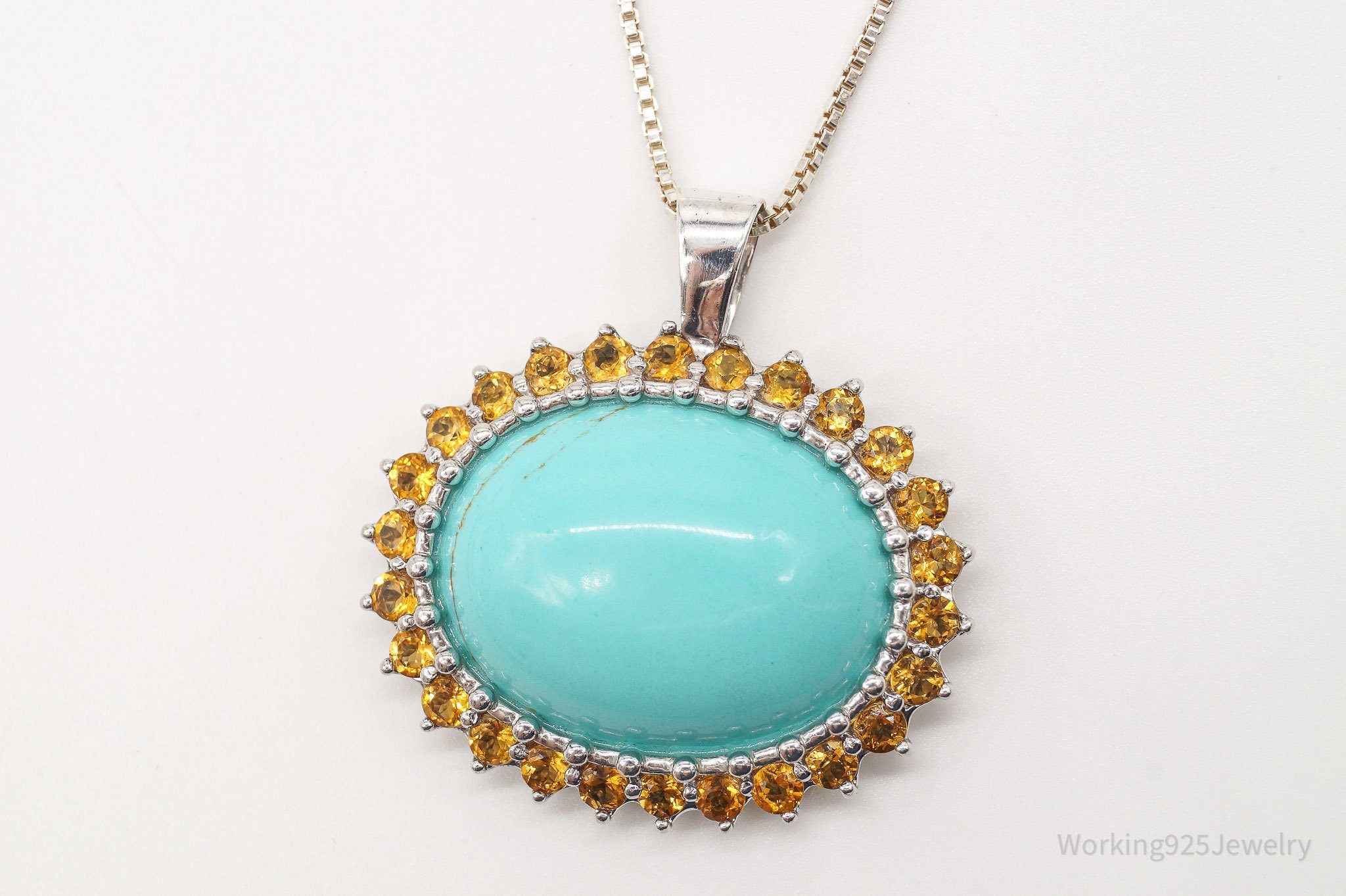 Vintage Designer CFJ Large Blue Turquoise Citrine Sterling Silver Necklace