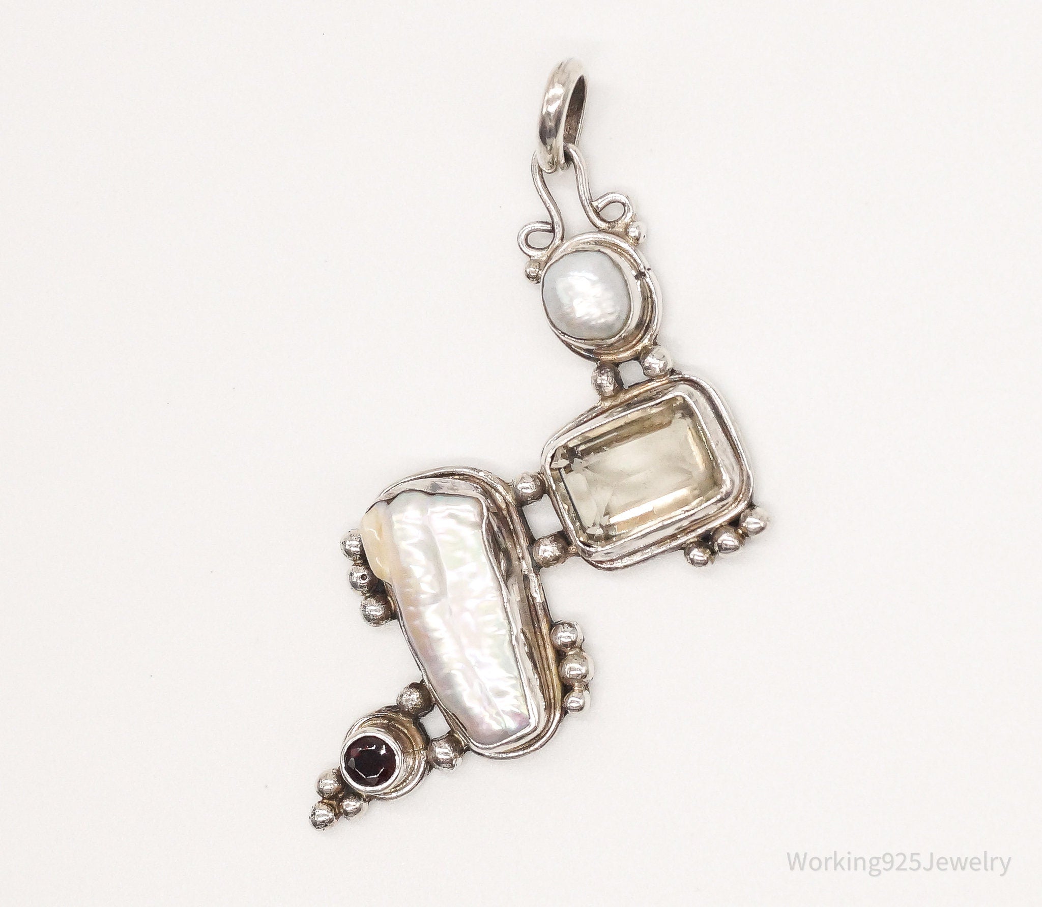 Large Vintage Pearl Citrine Garnet Sterling Silver Pendant