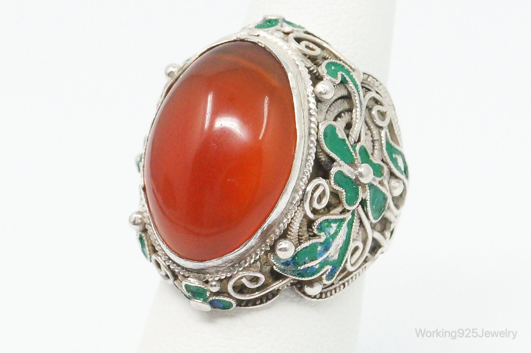 Vintage Large Carnelian Enamel Filigree Silver Ring - Size 5.25