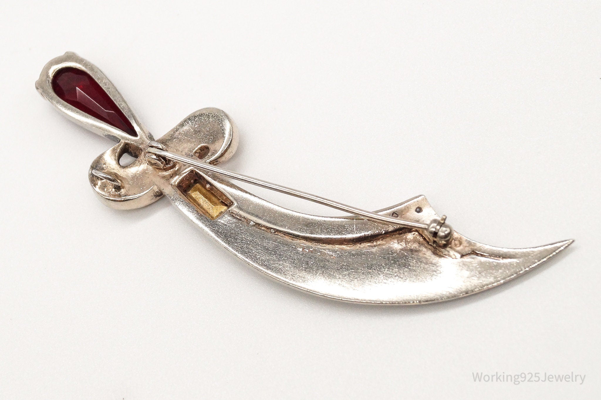 Large Vintage Scimitar Sword Dagger Rhinestone Glass Sterling Silver Pin Brooch