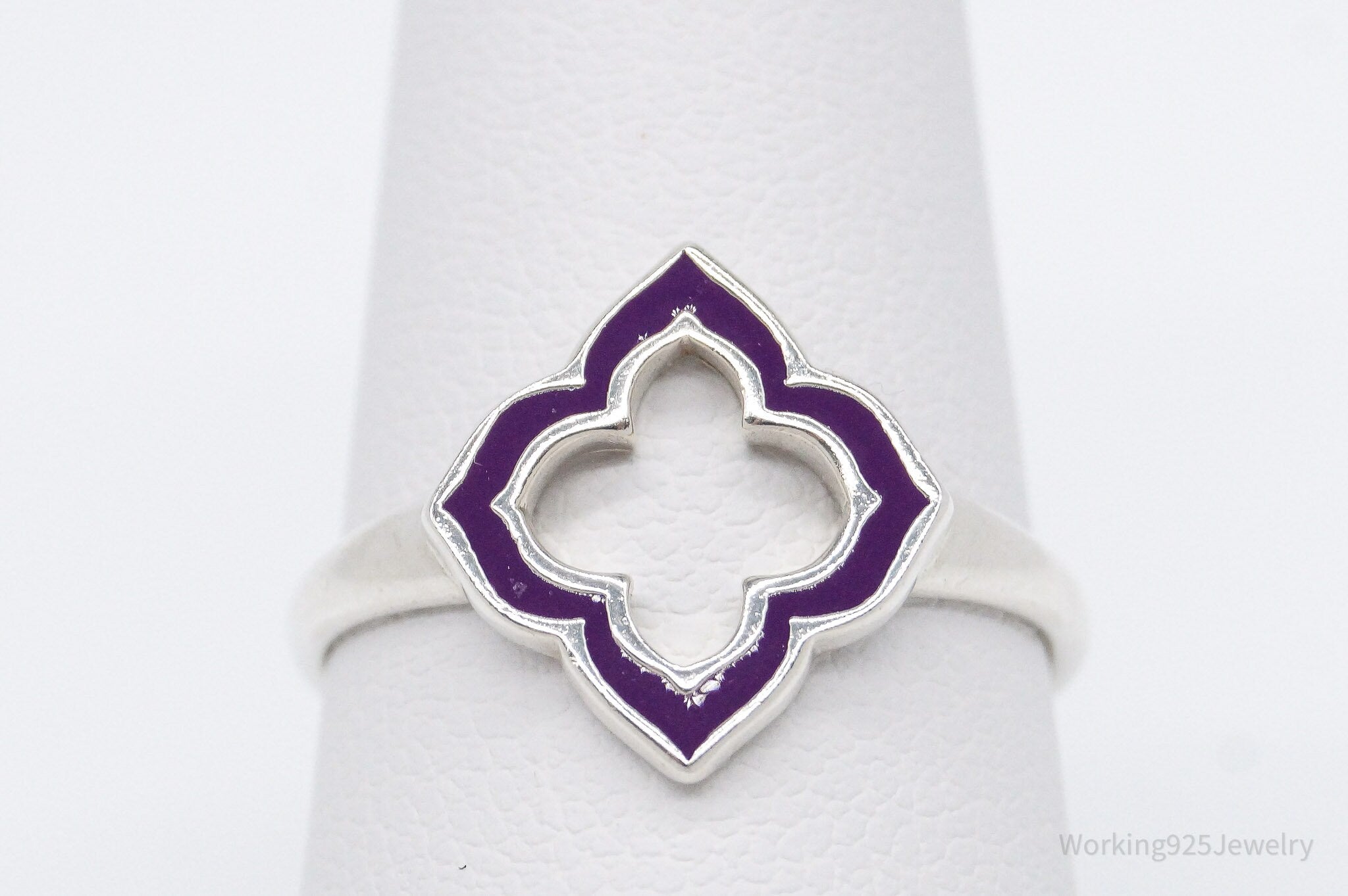 Vintage Designer Boma Purple Enamel Clover Sterling Silver Ring - Size 7