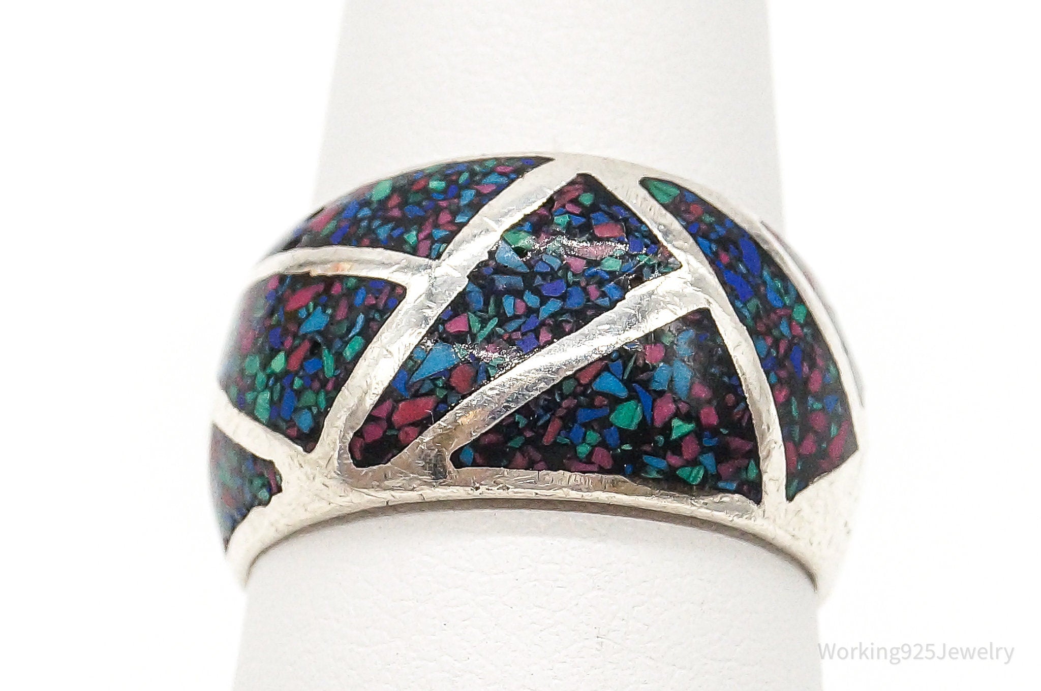 Vintage Crushed Multi Gem Chips Sterling Silver Ring Size 6.75