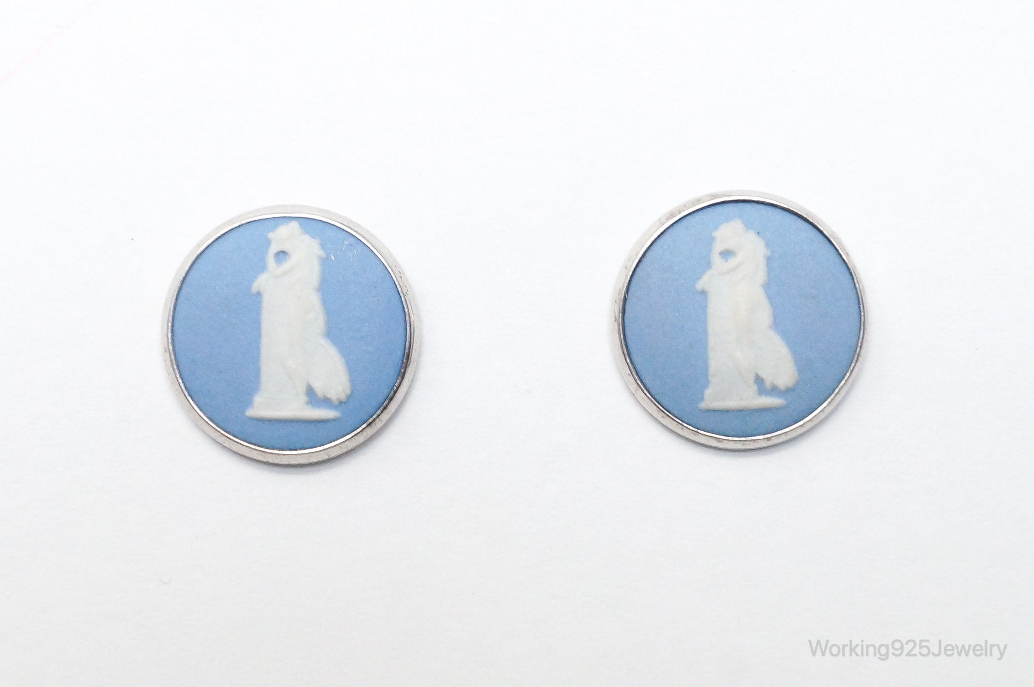 Vintage Designer Wedgewood Blue Jasperware Cameo FAW Silver Earrings