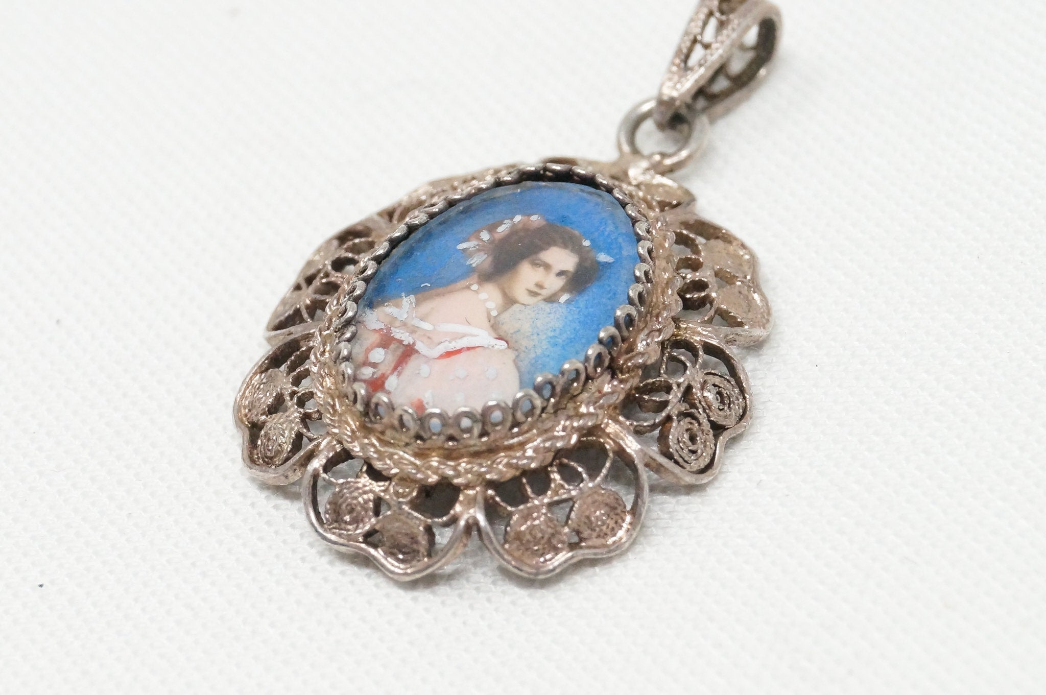 Antique Edwardian Woman Filigree Sterling Silver Necklace Pendant