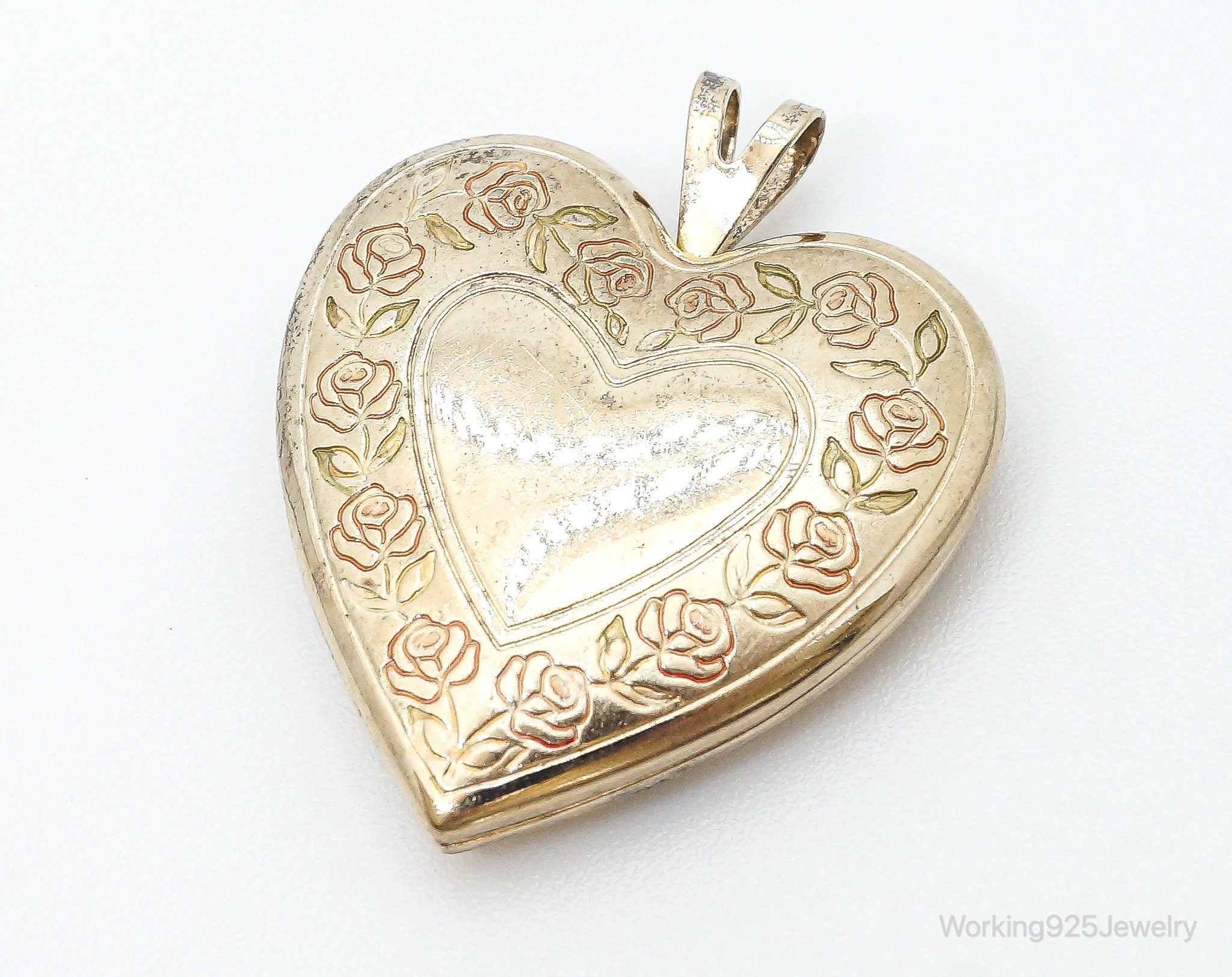 Antique GF Rose Etched Sterling Silver Heart Picture Locket Pendant