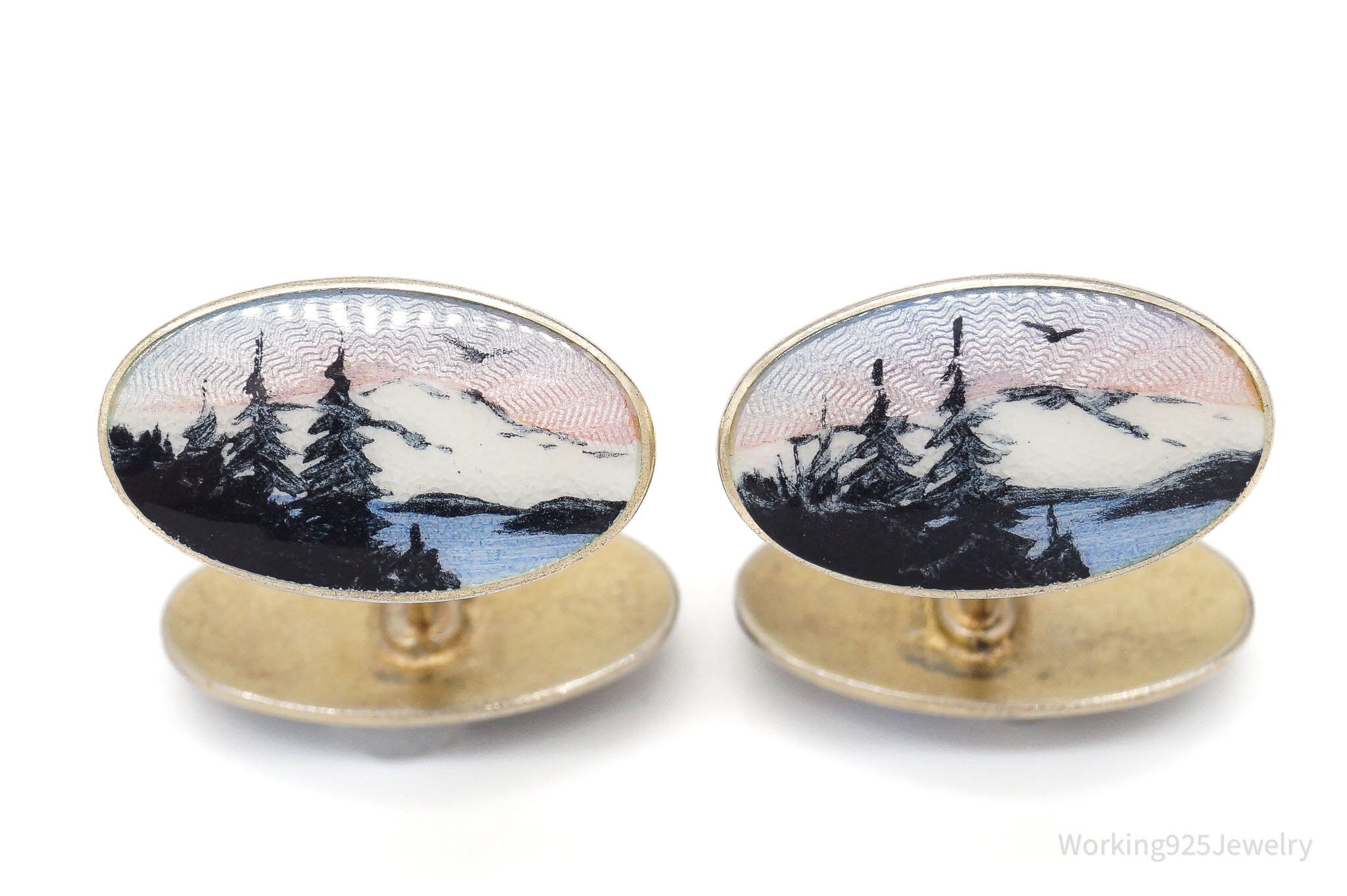 RARE Vintage Aksel Holmsen Enamel Mountain Gold Wash Sterling Silver Cufflinks