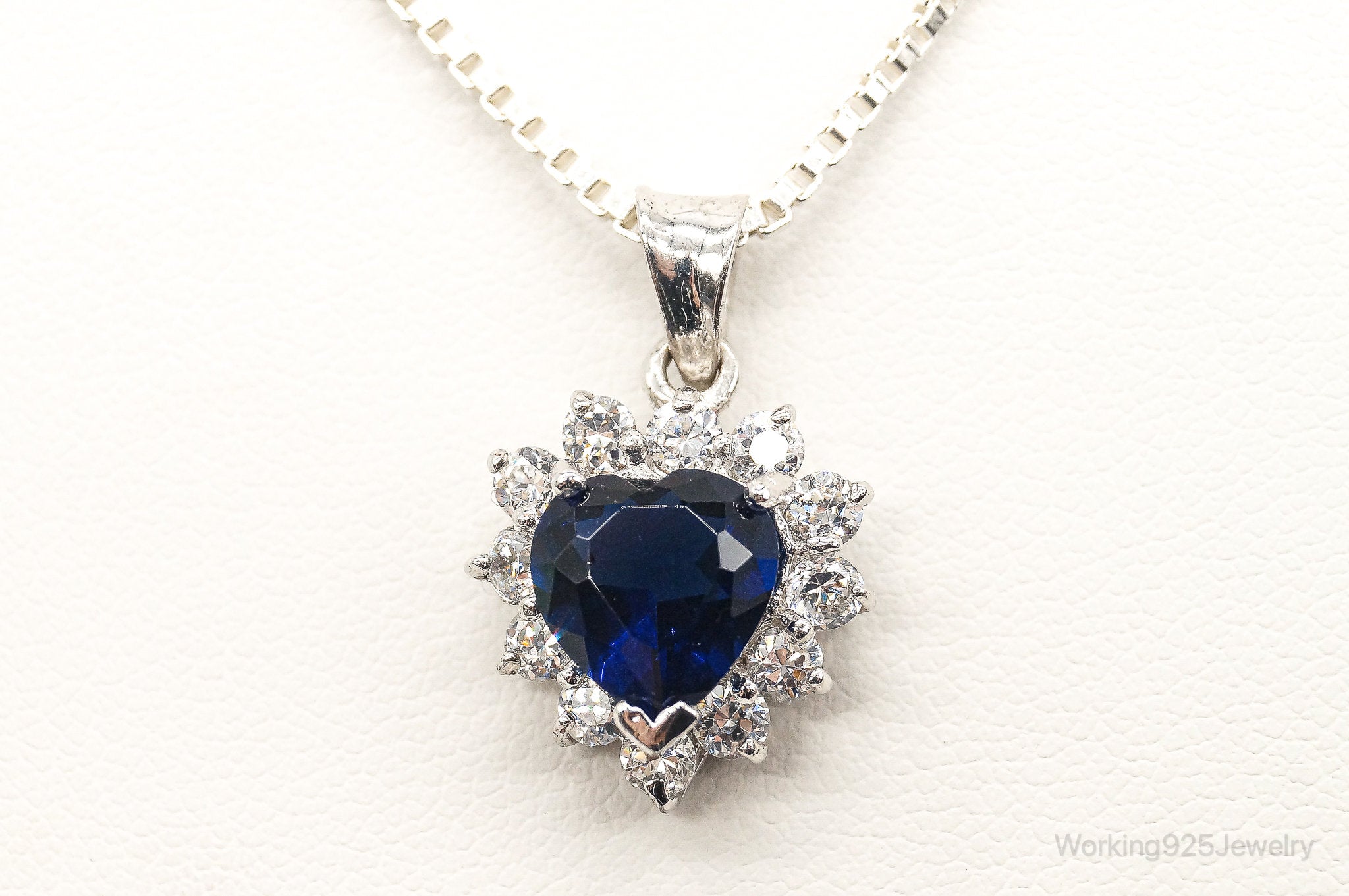 Blue Lab Sapphire Cubic Zirconia Heart Sterling Silver Necklace