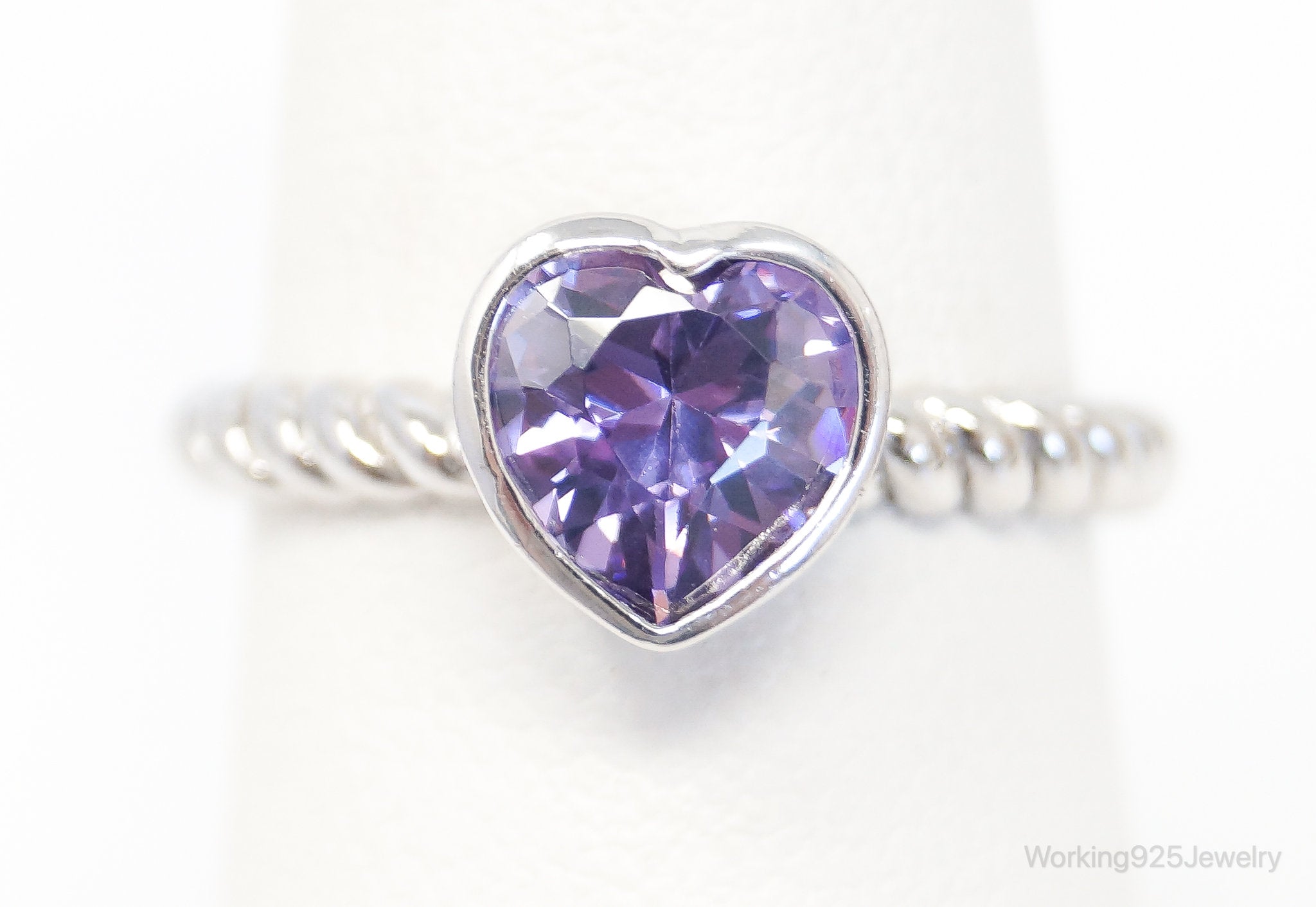 Vintage Amethyst Heart Cable Sterling Silver Ring Size 7