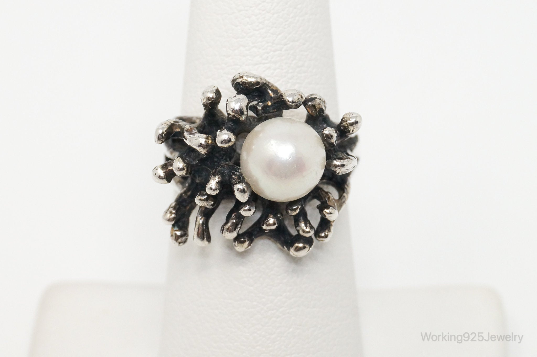 Vintage Designer G & L Pearl Brutalist Sterling Silver Ring - Sz 6.25