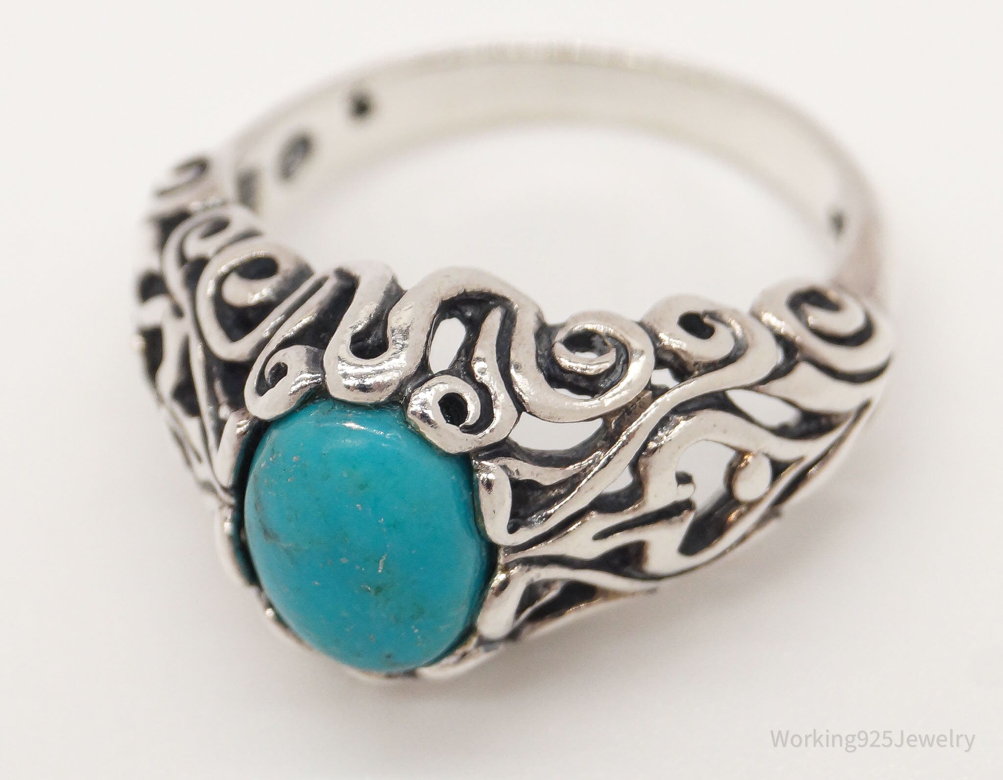 Vintage Blue Turquoise Scroll Swirl Sterling Silver Ring - Size 5