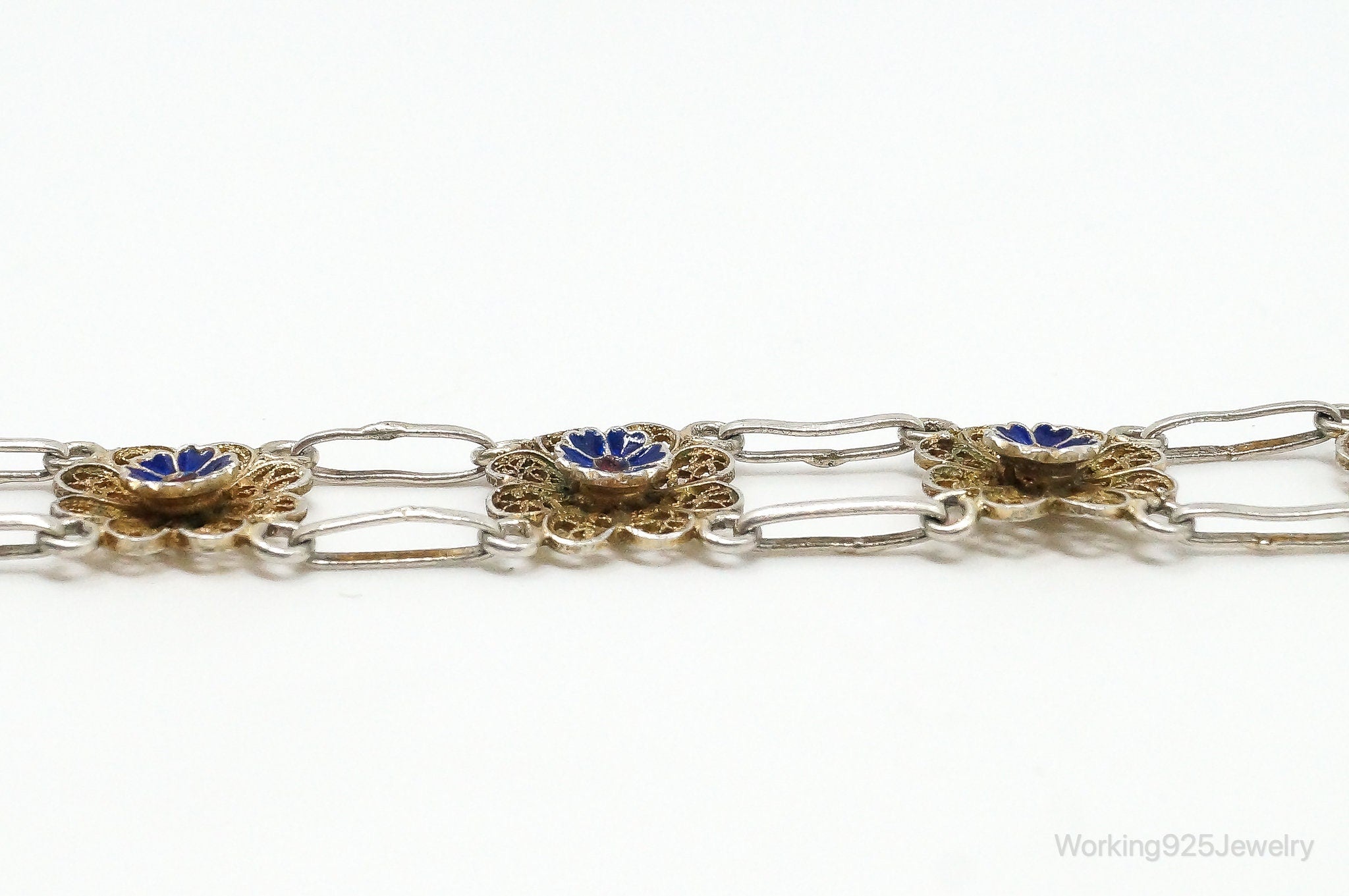 Antique Enamel Flowers 835 Silver Filigree Bracelet