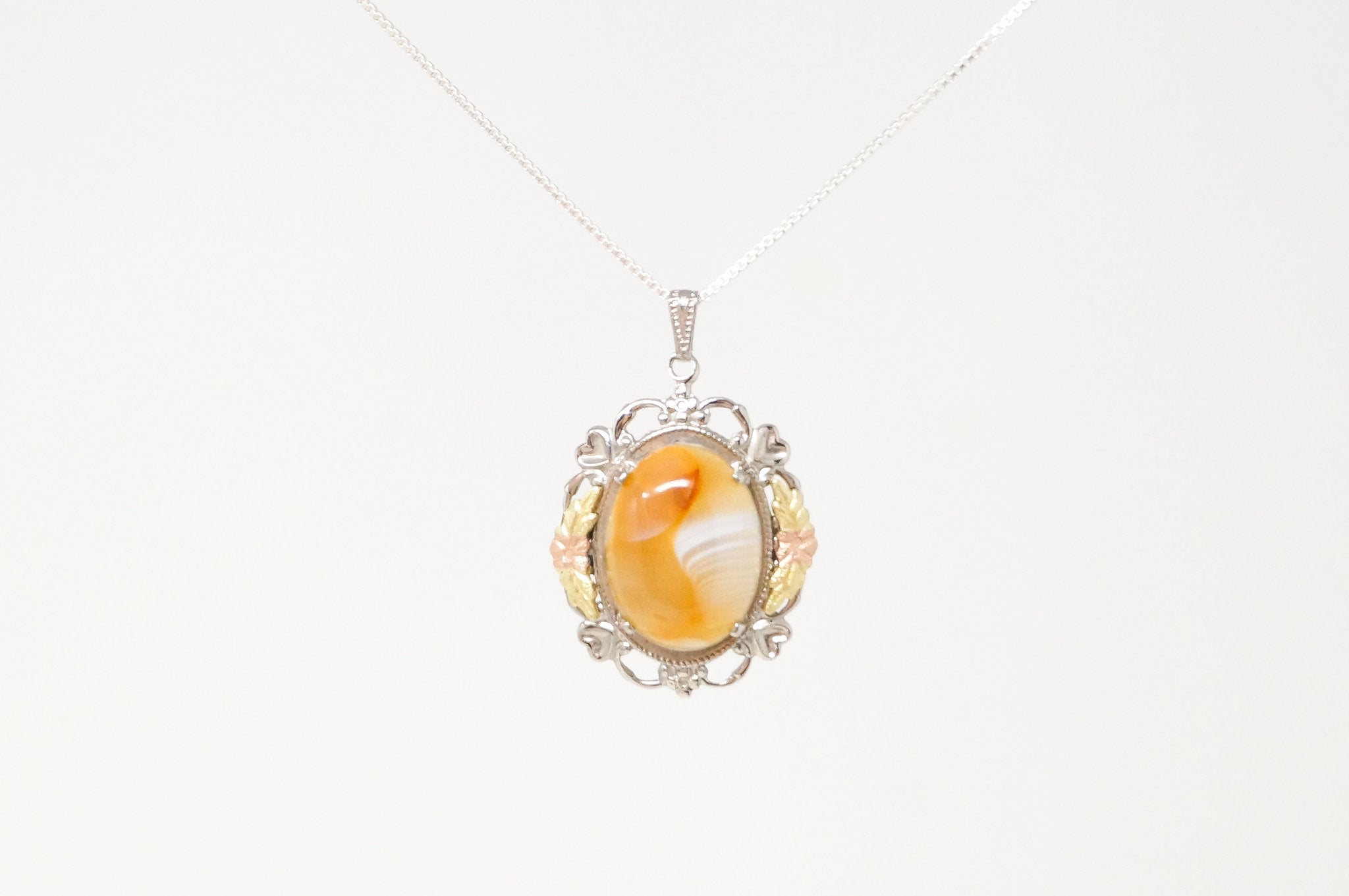 Vintage Designer LSP Co Orange Lace Agate 12k Gold Sterling Silver Pendant