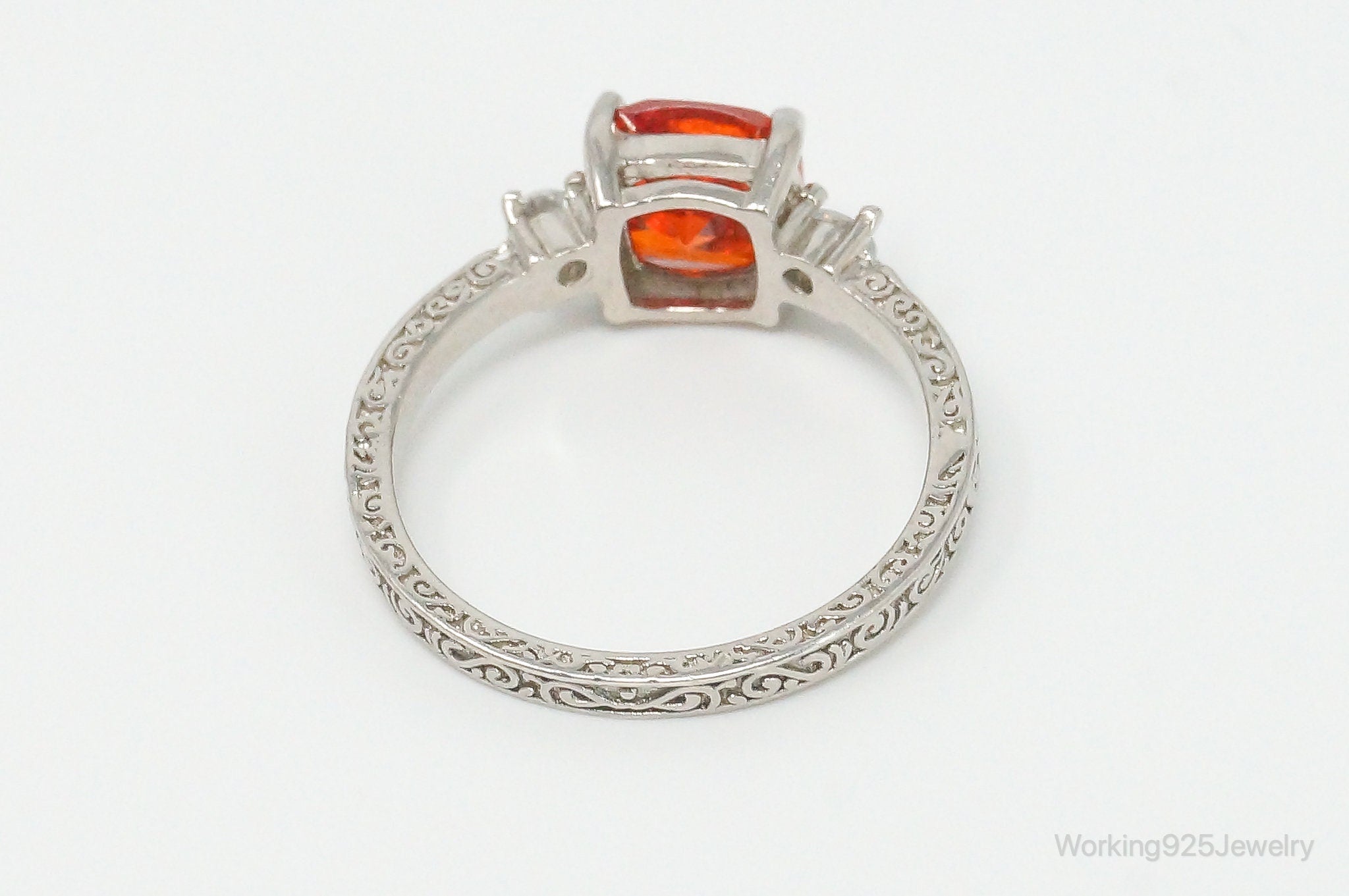 Large Orange Topaz White Cubic Zirconia Sterling Silver Ring - Size 9.25