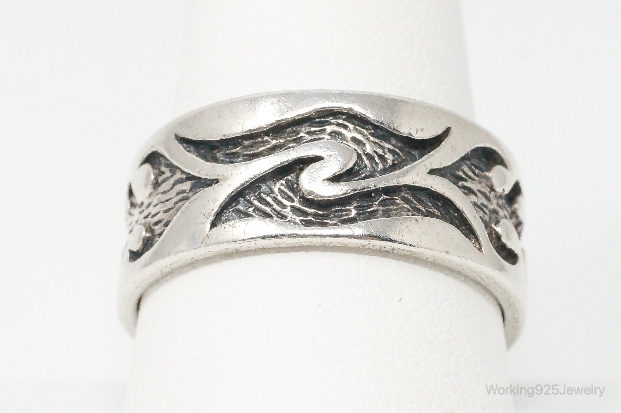 Vintage Fire Tribal Design Sterling Silver Band Ring - Size 11.75