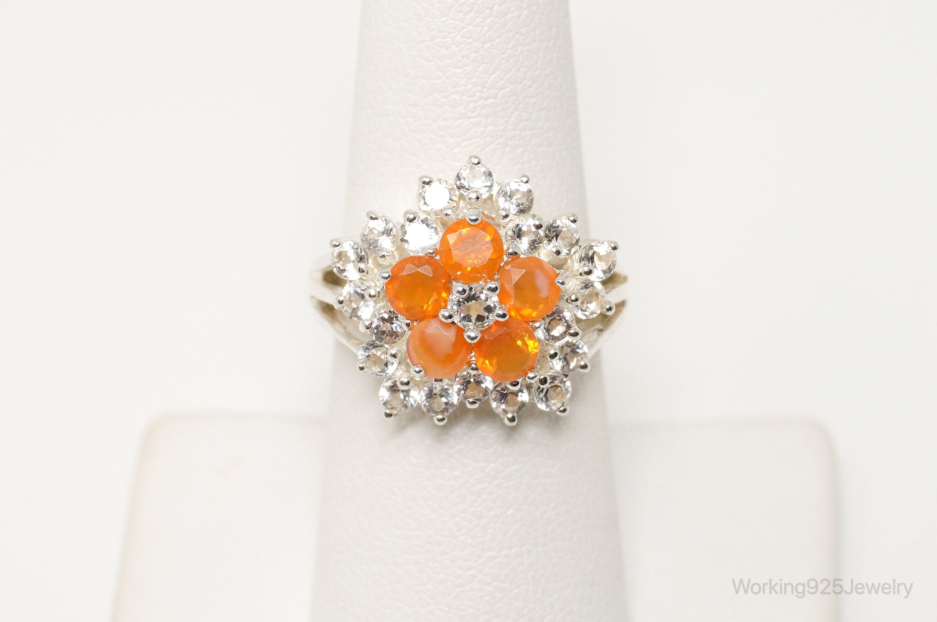 Vintage Art Deco Orange Gemstone CZ Statement Sterling Silver Ring - Size 6.75