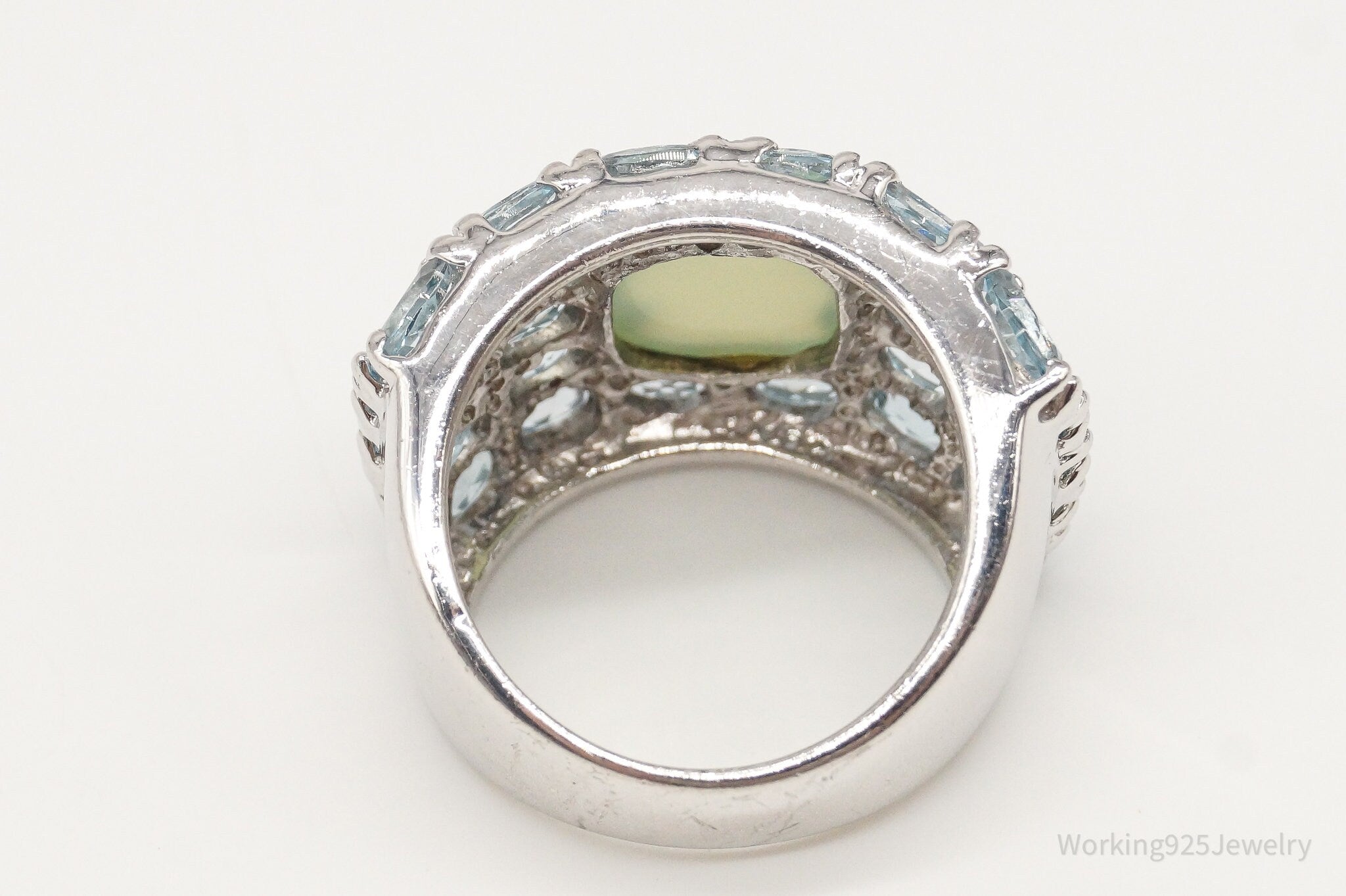 Vintage Green Chalcedony Blue Topaz Sterling Silver Ring - Size 7