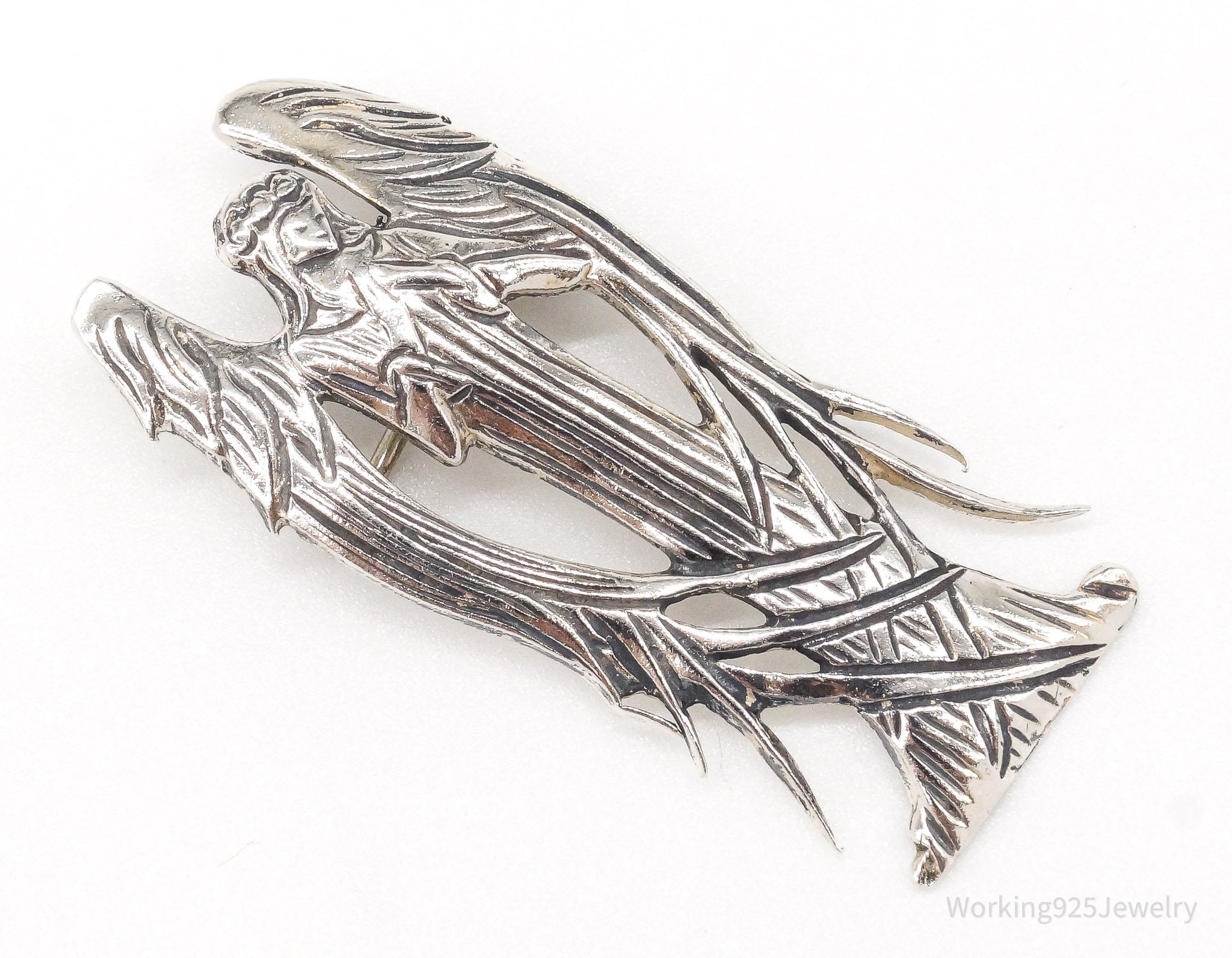 Vintage Designer H&H Angel Praying Sterling Silver Brooch Pin Pendant