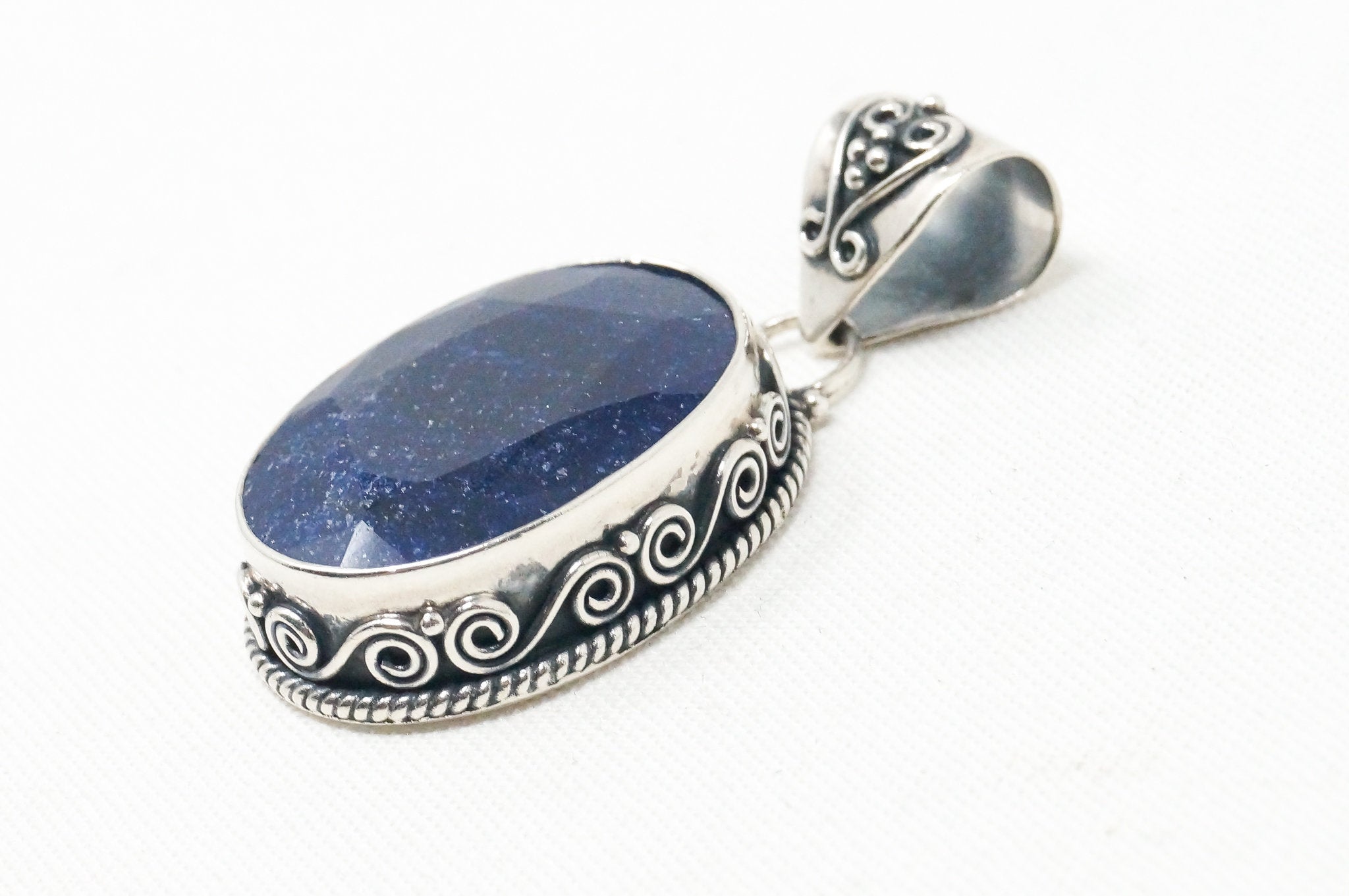 Vintage Designer BJC Lapis Lazuli Bali Scroll Sterling Silver Necklace Pendant