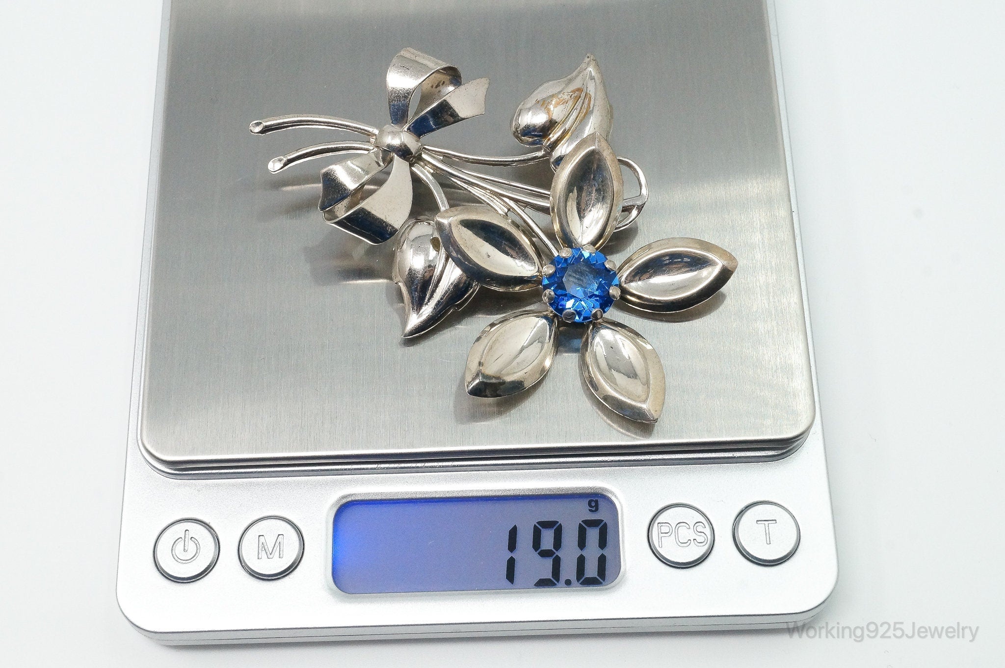 Antique Large Blue Art Glass Flower Sterling Silver Brooch Pin